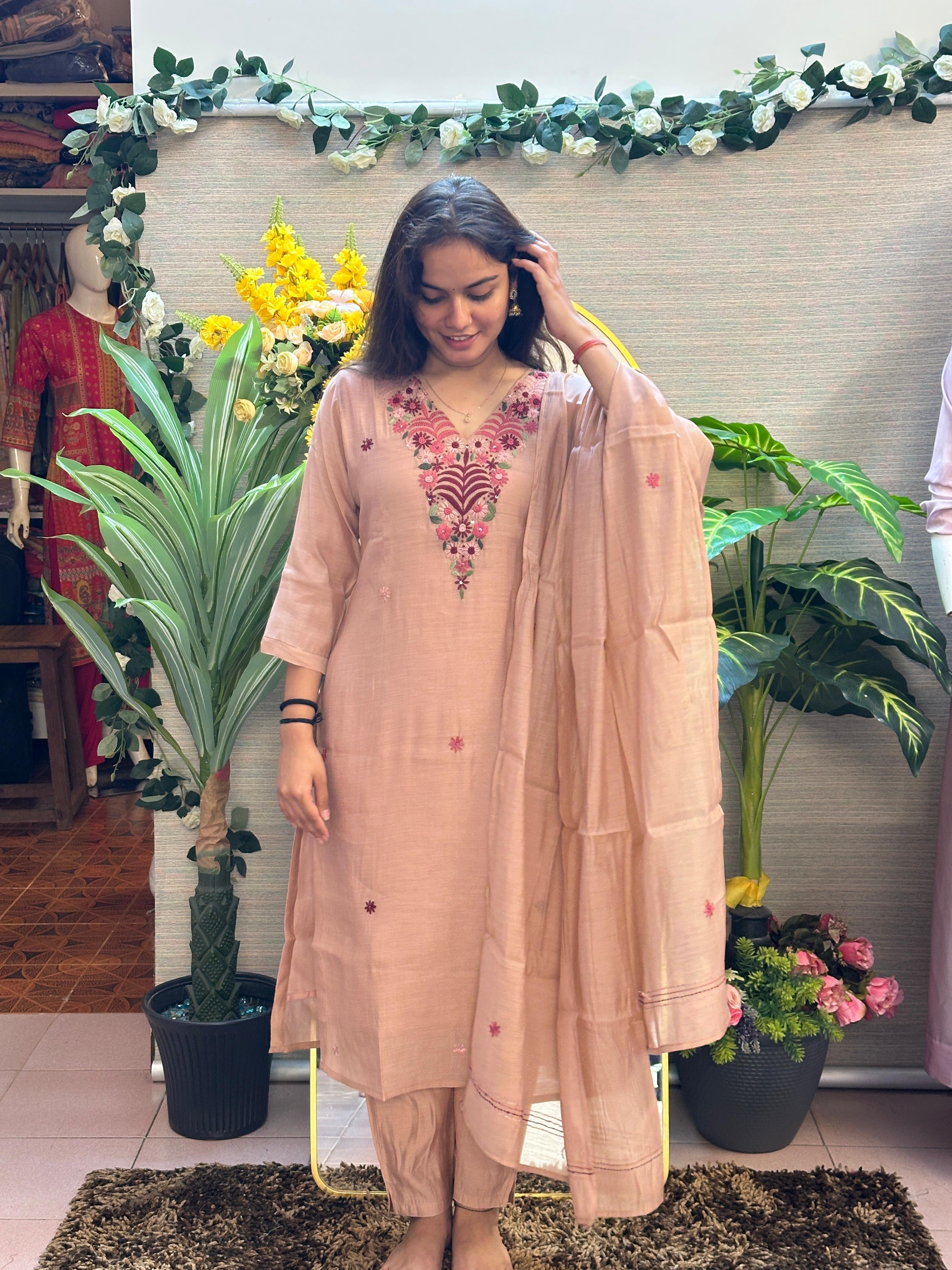 Blush Beige Embroidered Kurti Set with Dupatta