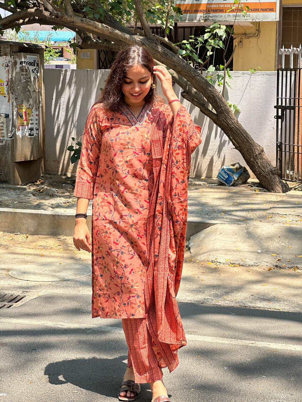 Rust Floral Printed Straight Kurti Set with Dupatta