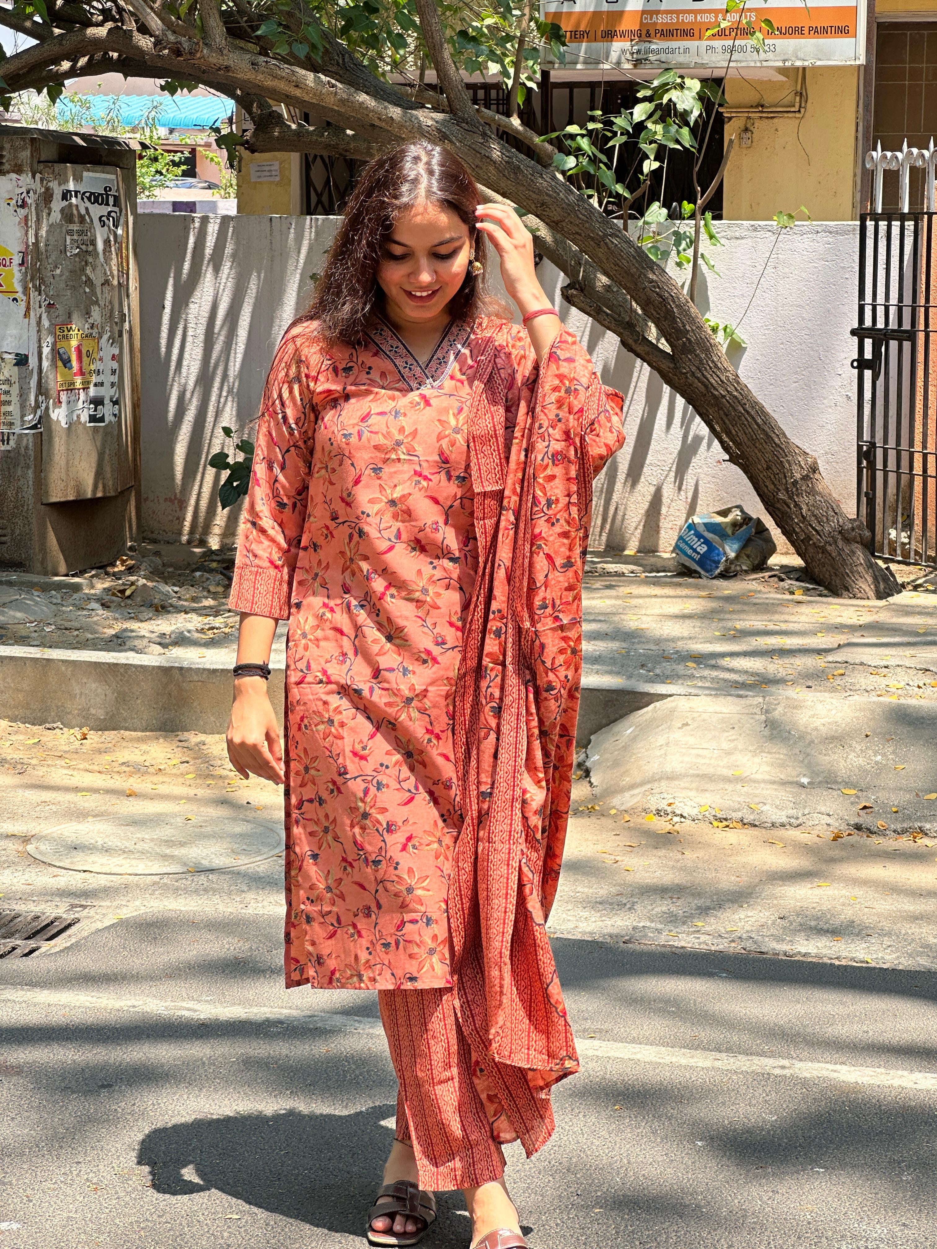 Rust Floral Printed Straight Kurti Set with Dupatta