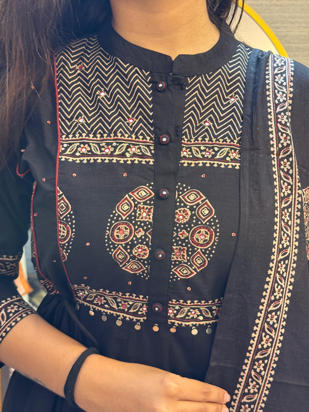 Black Anarkali Kurti Set with Ethnic Circular Prints & Statement Dupatt