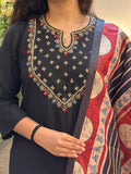 Classic Black Straight Kurti Set with Printed Statement Dupatta