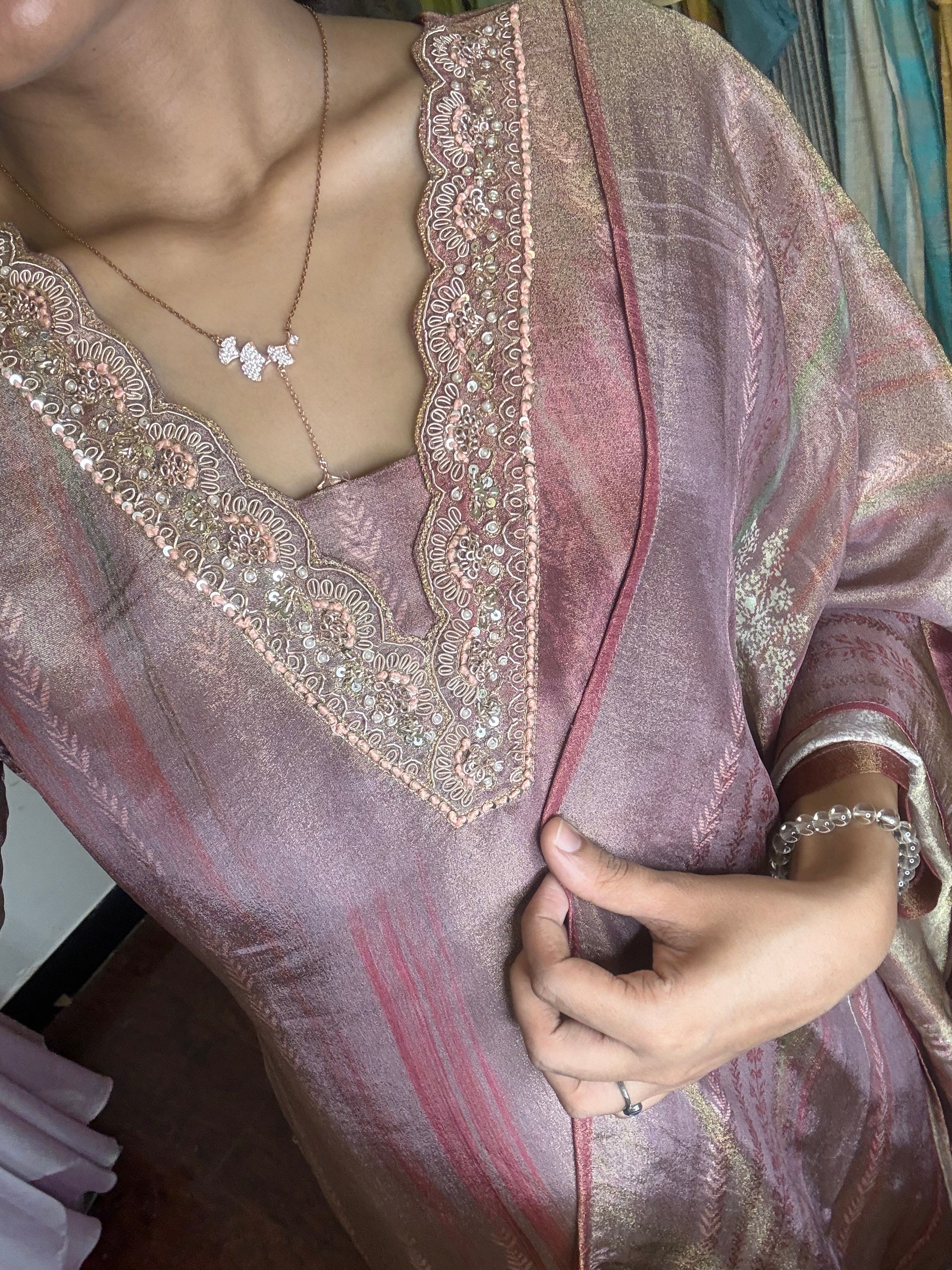 Golden Glow Maroon Tissue Silk Suit