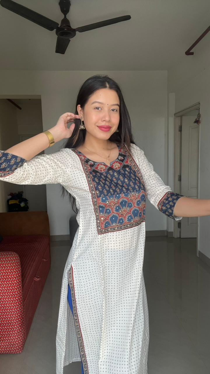 Ethnic printed straight kurti with contrast yoke