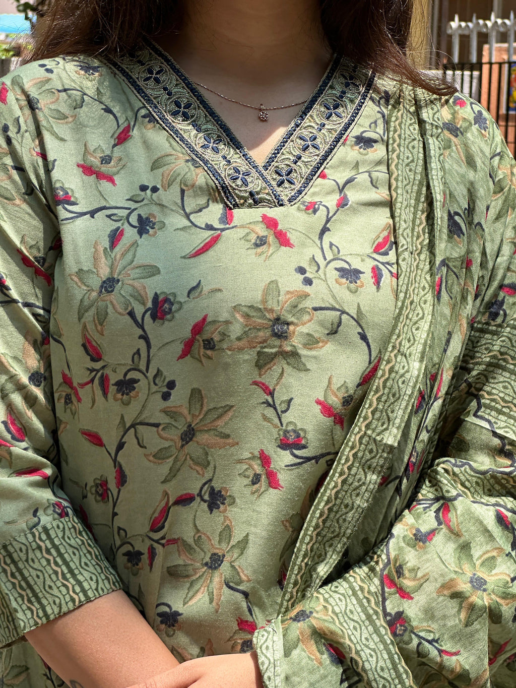 Olive Green Floral Printed Straight Kurti Set with Dupatta