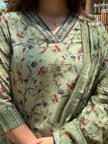 Olive Green Floral Printed Straight Kurti Set with Dupatta