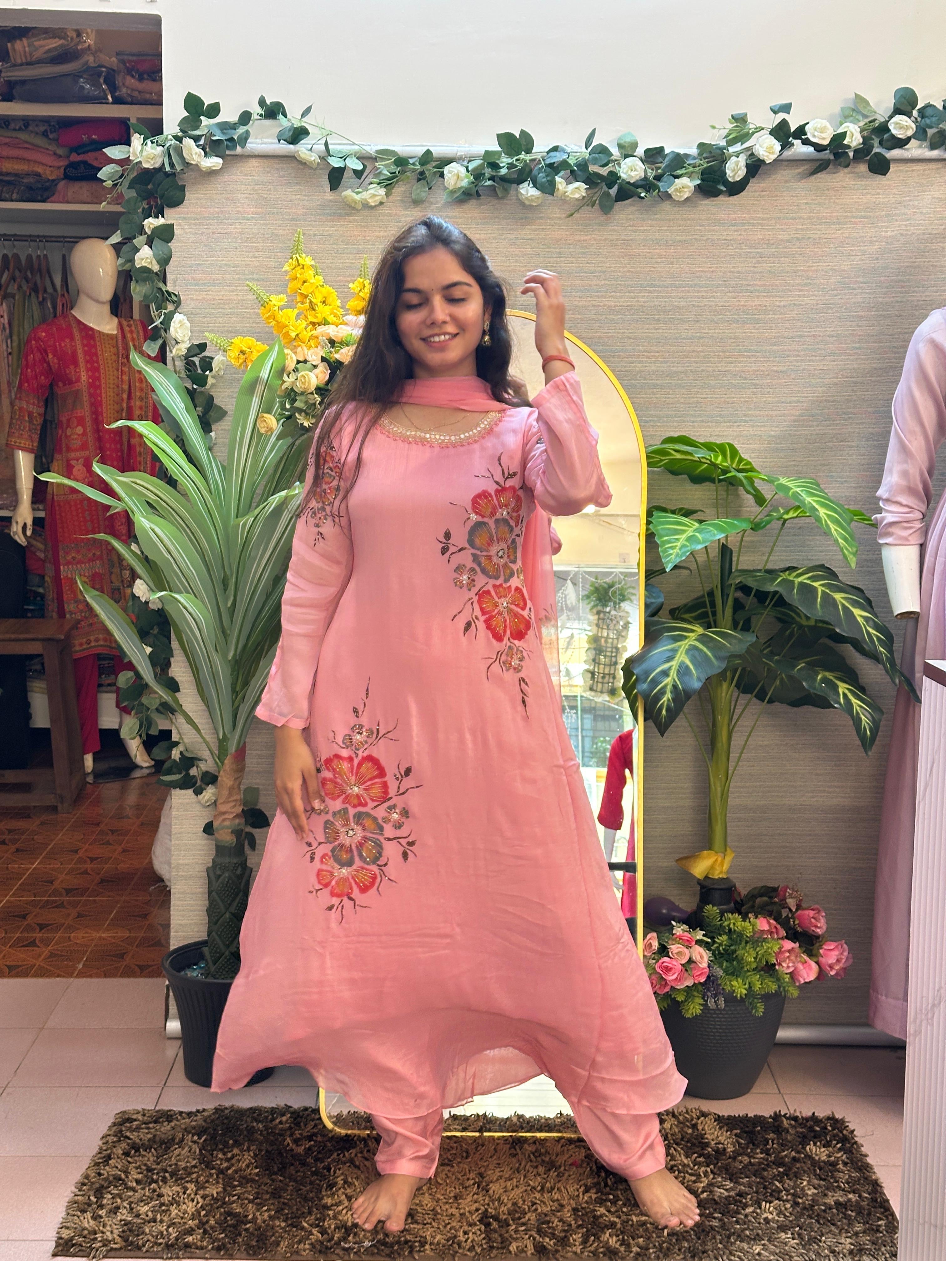 Coral Pink Floral Embroidered Kurti Set with Dupatta