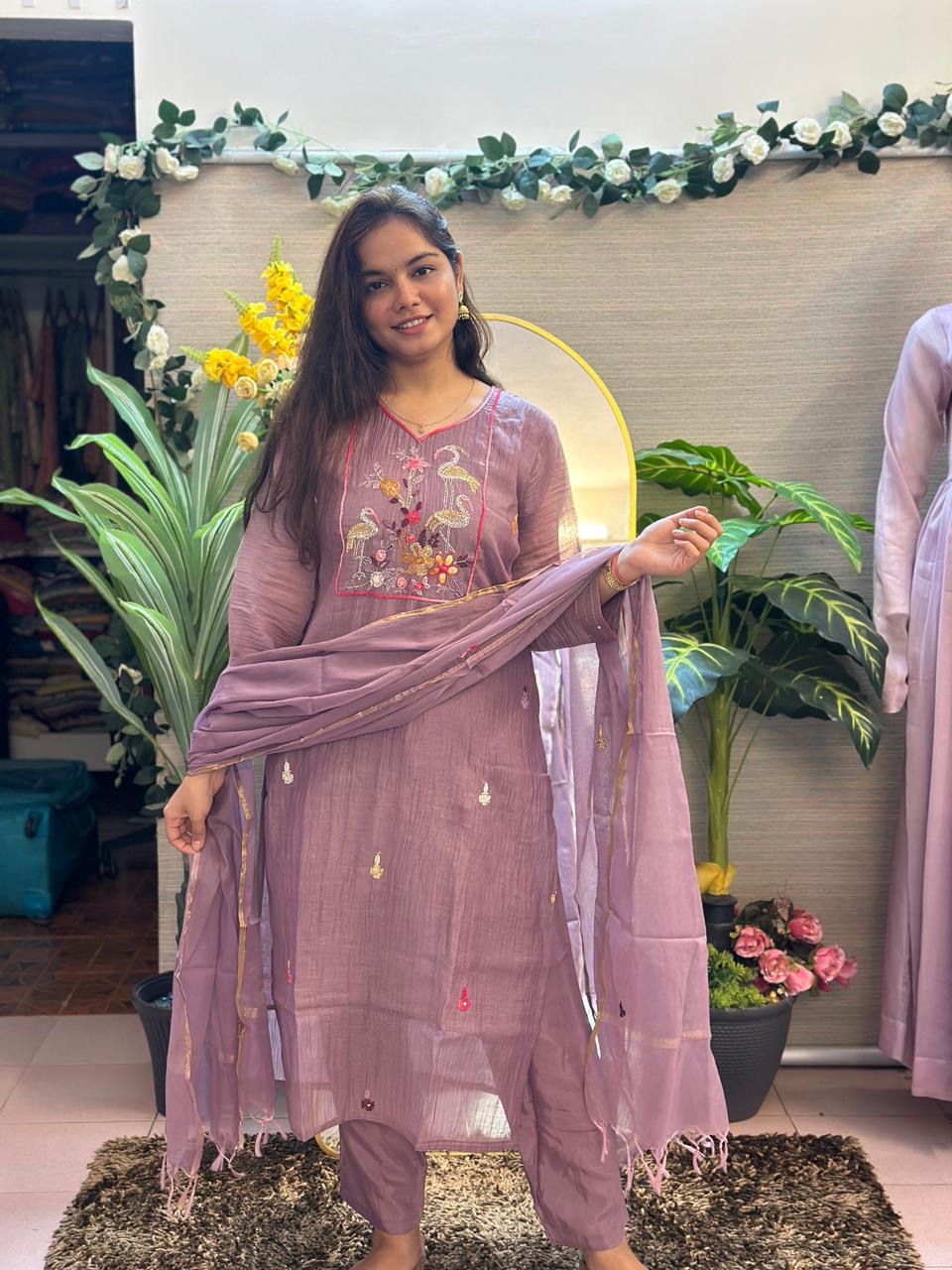 Lavender Grace Embroidered Suit Set with Tissue Dupatta