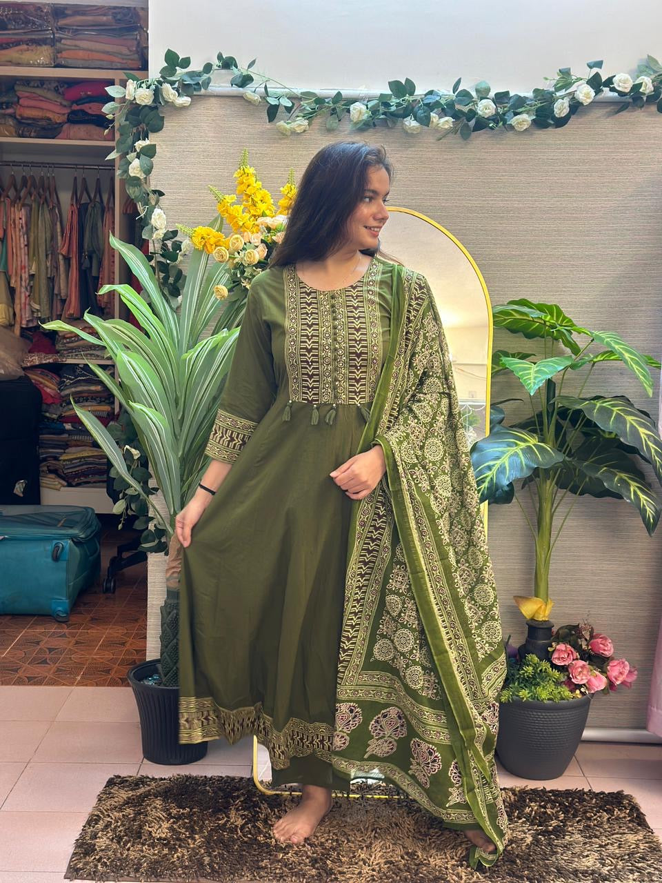 Olive Heritage Printed Anarkali Suit Set with Dupatta