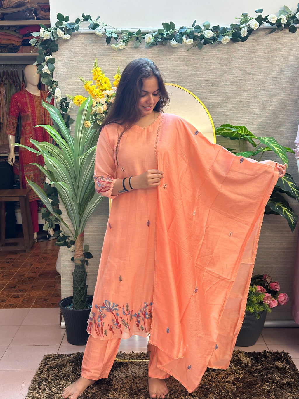 Peach Embroidered Straight Kurti Set with Dupatta