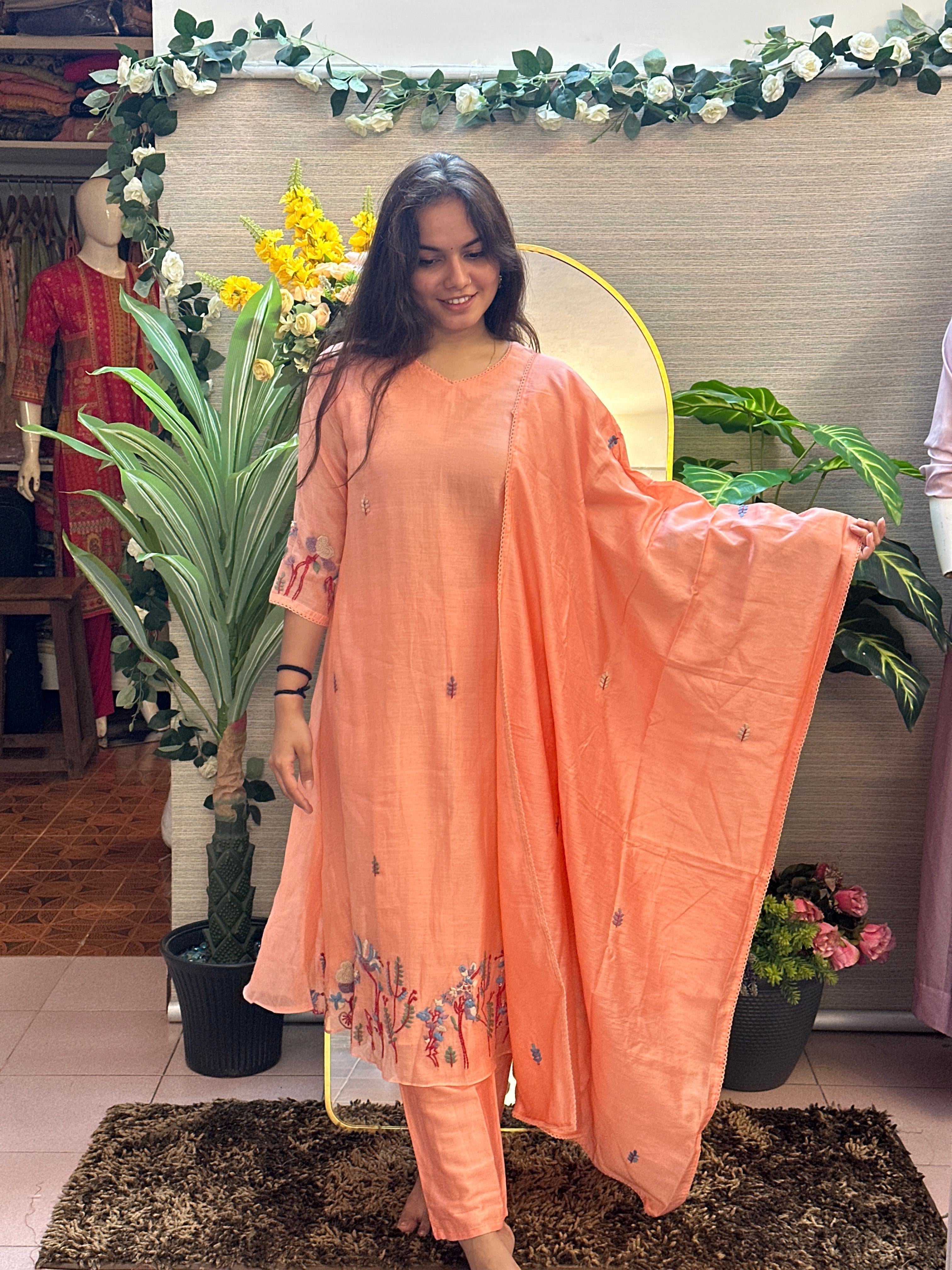 Peach Embroidered Straight Kurti Set with Dupatta