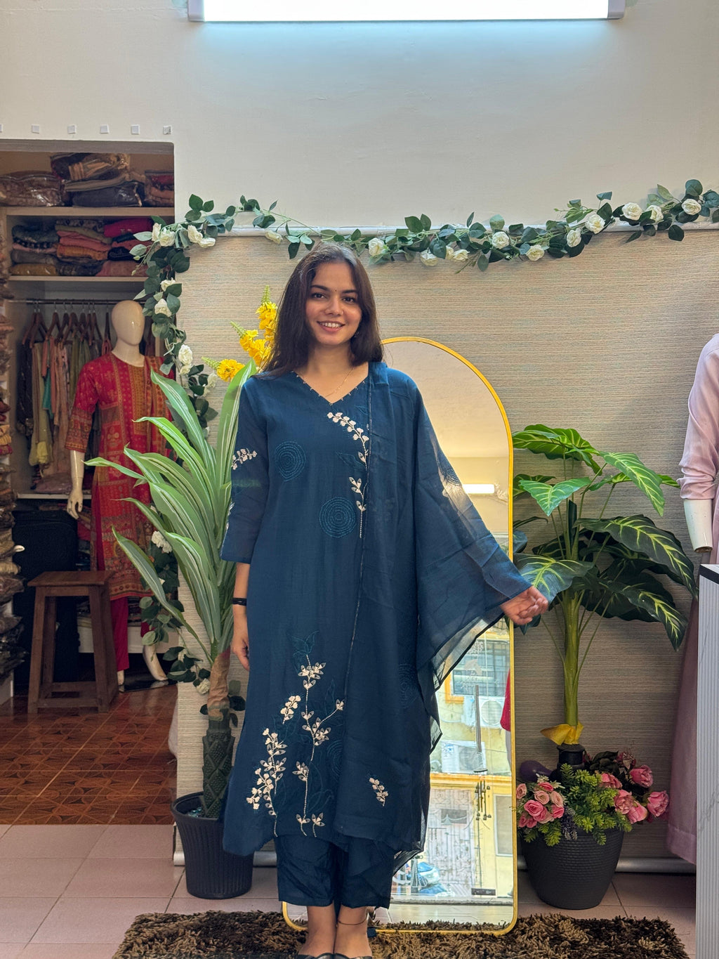 Midnight Blue Embroidered Kurti Set with Sheer Dupatta