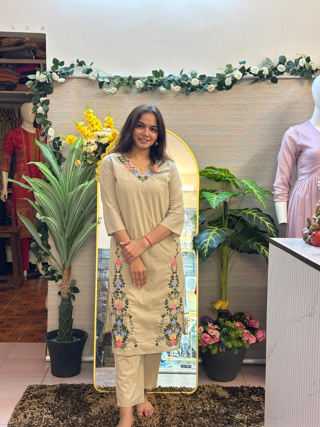 Beige Floral Embroidered Straight Kurti Set