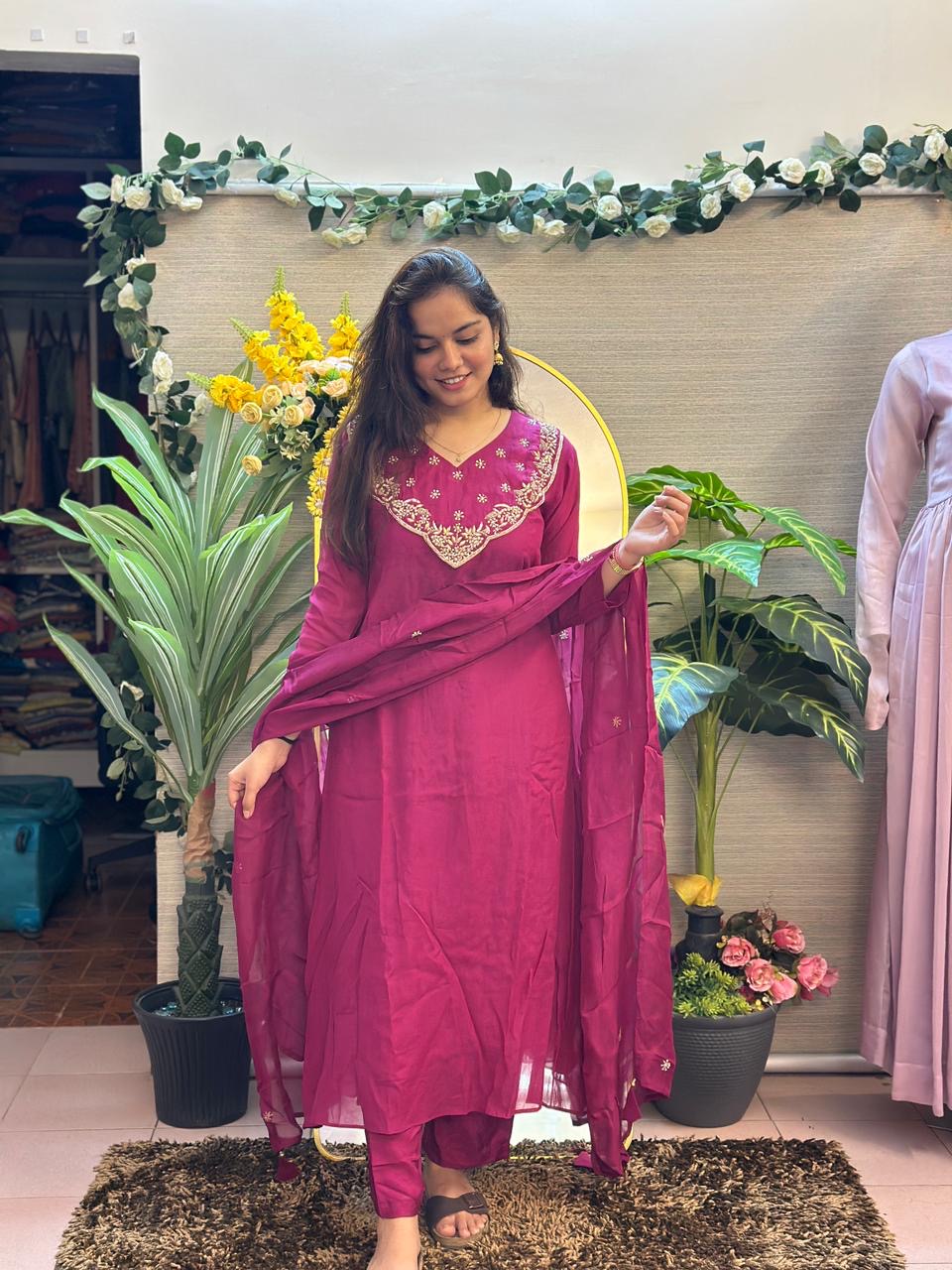 Royal Berry Embroidered Suit Set with Dupatta