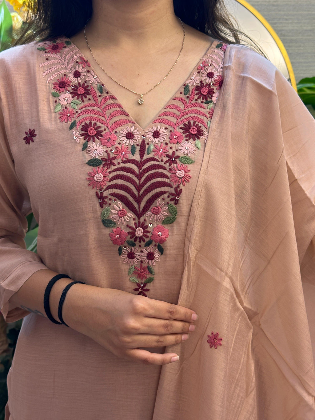 Blush Beige Embroidered Kurti Set with Dupatta