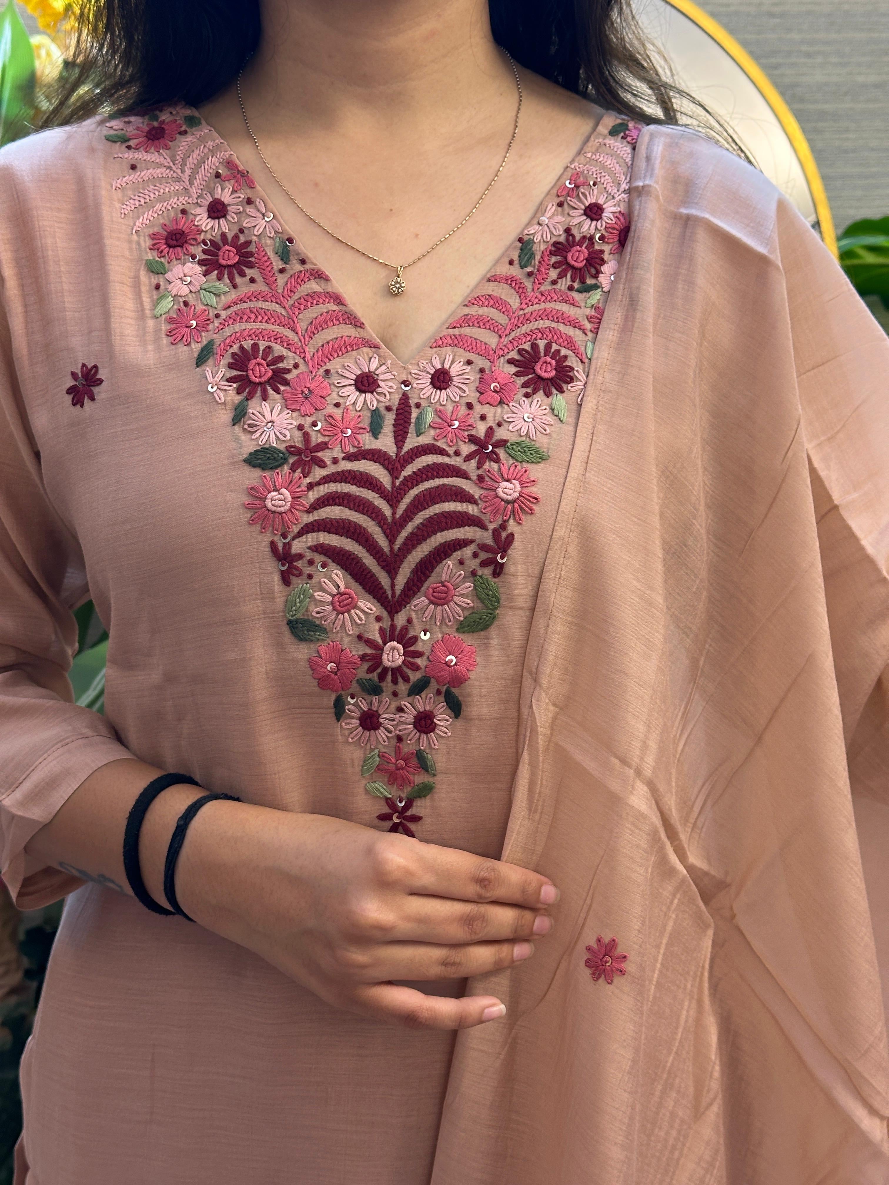 Blush Beige Embroidered Kurti Set with Dupatta