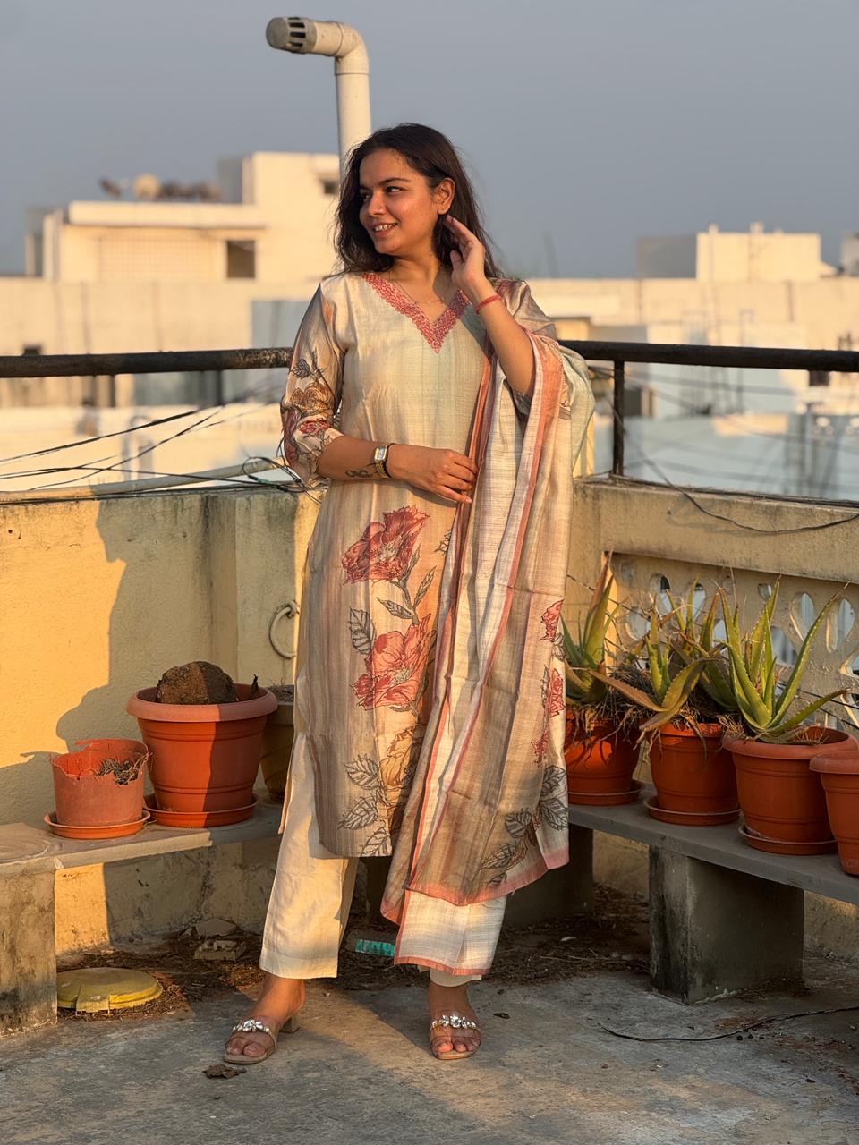 Blush Bloom Floral Straight Suit Set with Dupatta