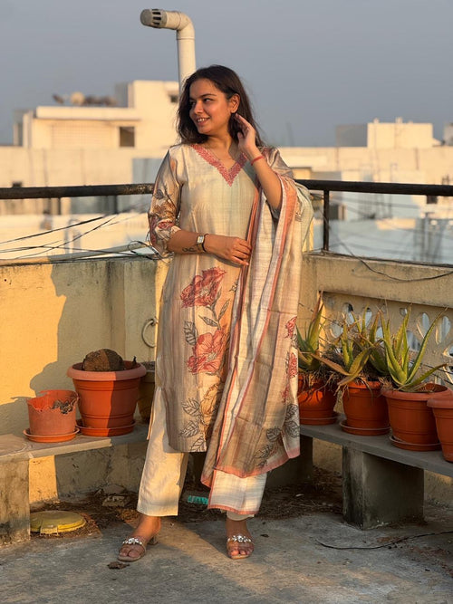 Blush Bloom Floral Straight Suit Set with Dupatta