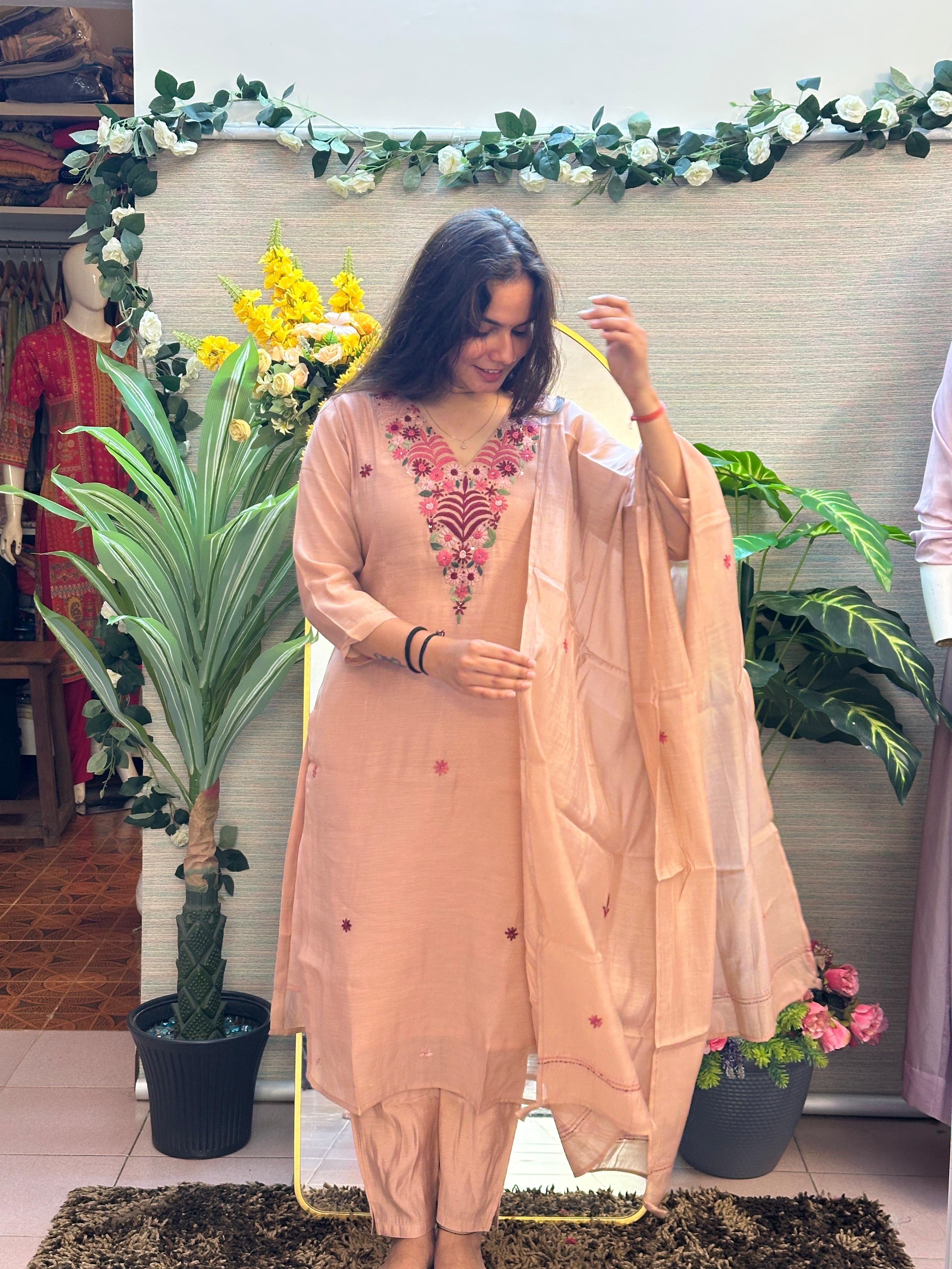Blush Beige Embroidered Kurti Set with Dupatta