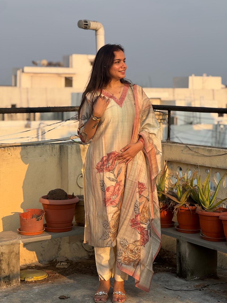 Blush Bloom Floral Straight Suit Set with Dupatta