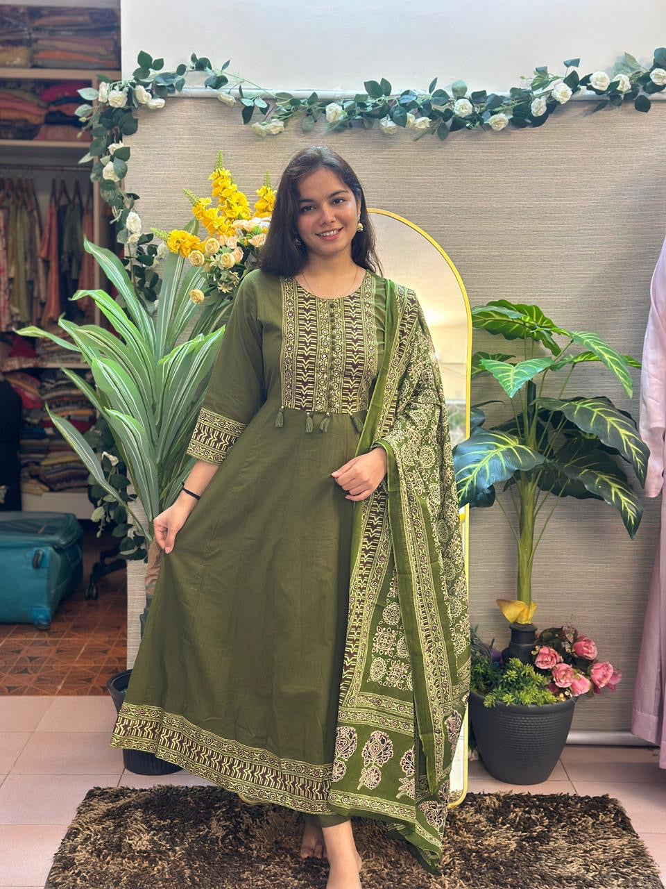 Olive Heritage Printed Anarkali Suit Set with Dupatta