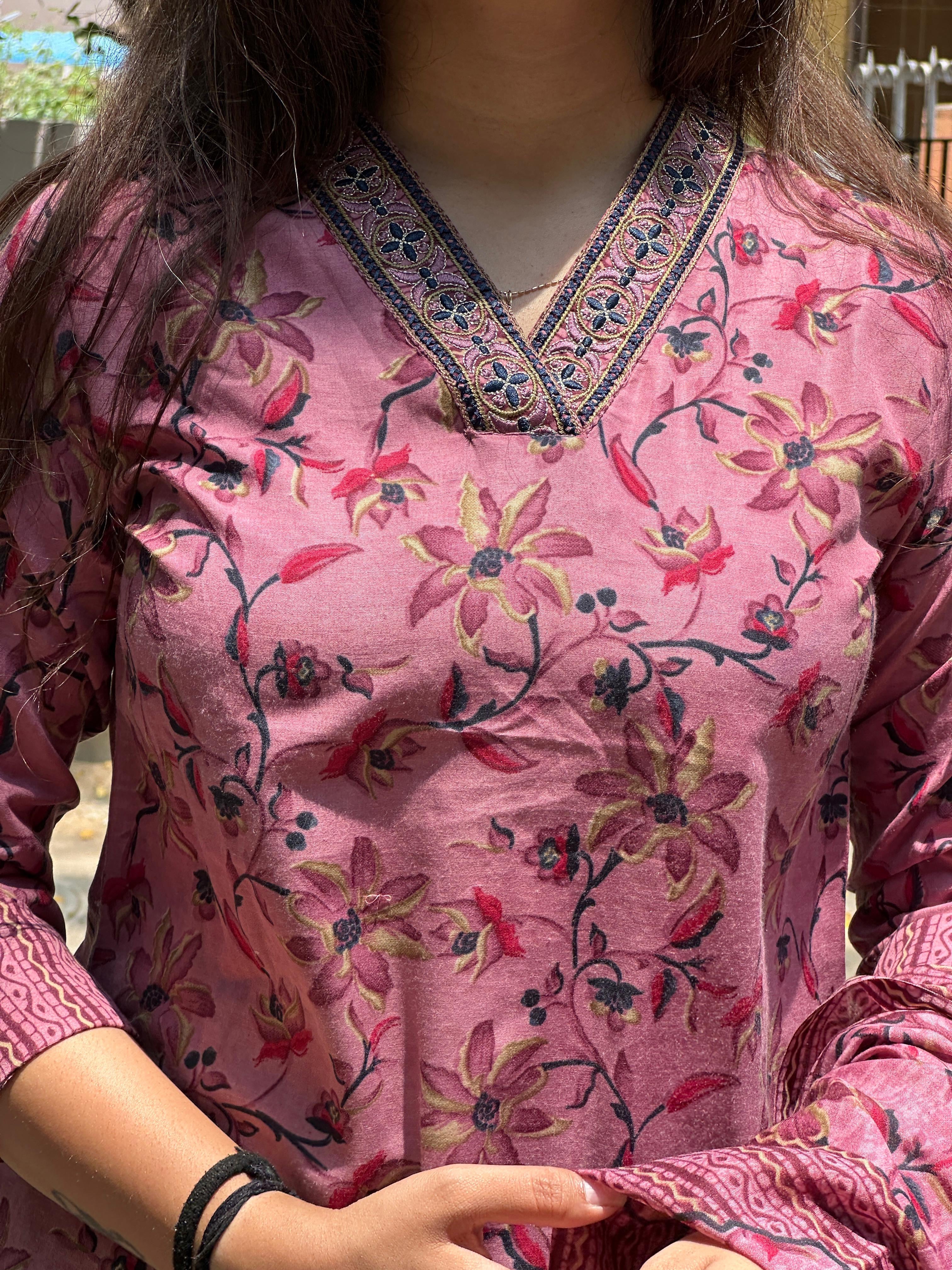 Rose Pink Floral Printed Straight Kurti Set with Dupatta