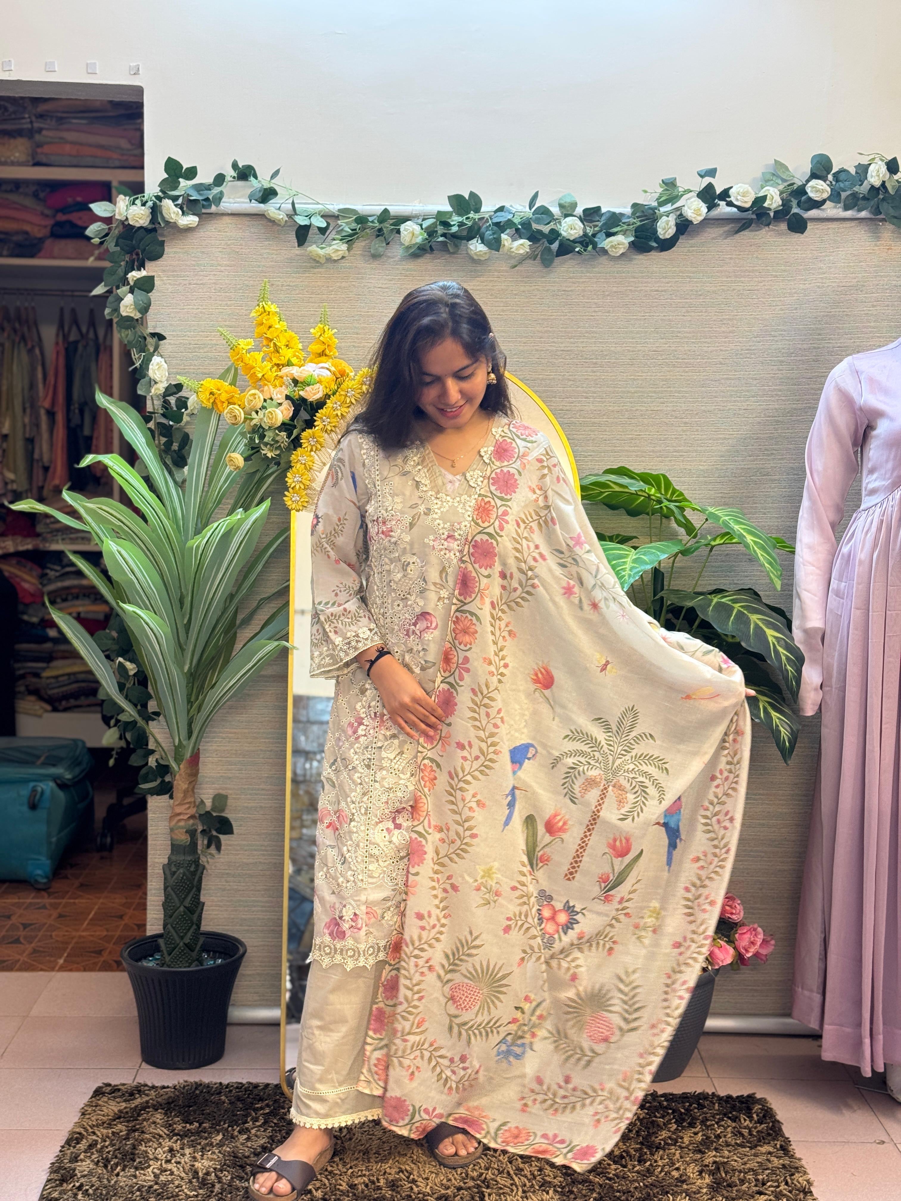 Ivory Bloom Floral Printed Suit Set with Dupatta