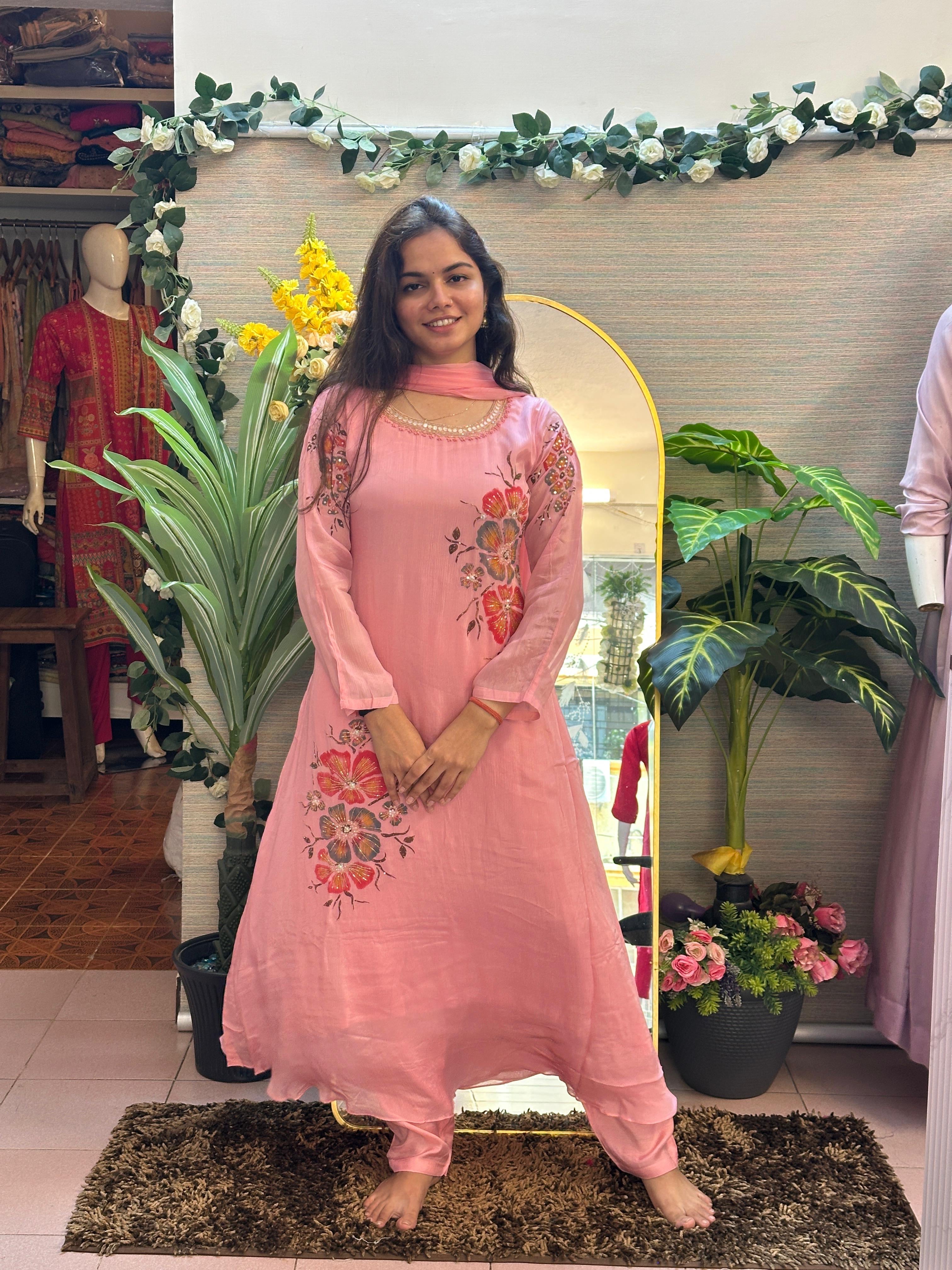 Coral Pink Floral Embroidered Kurti Set with Dupatta