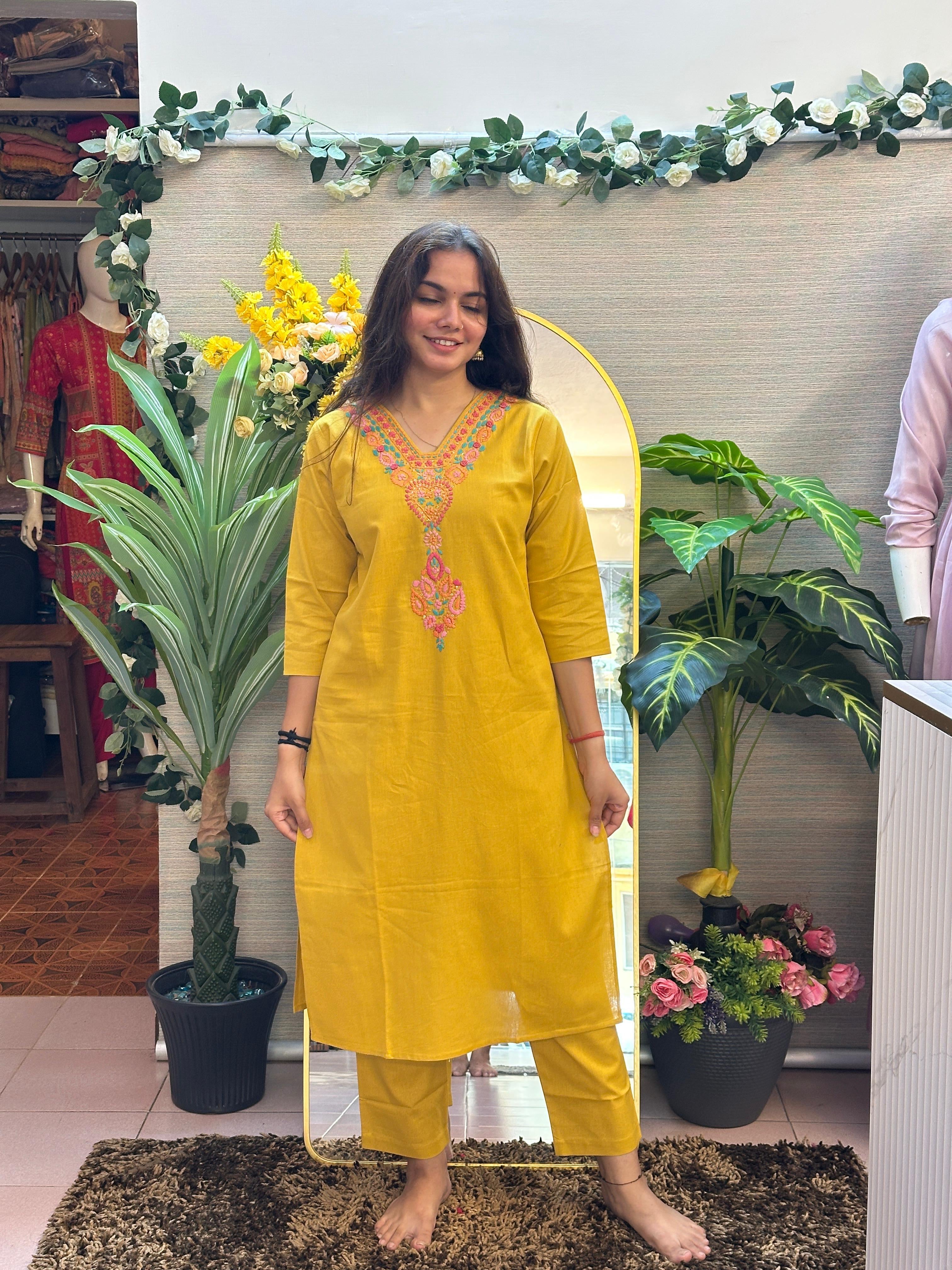 Mustard Yellow Embroidered Straight Kurti Set