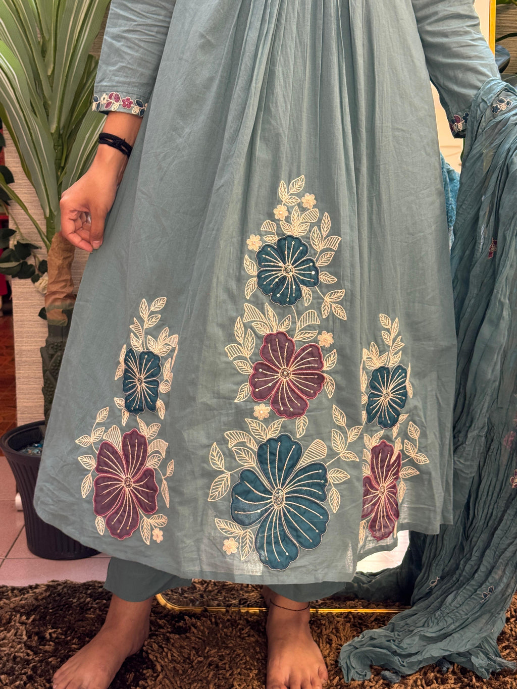 Dusty Teal Floral Embroidered Anarkali Set with Dupatta