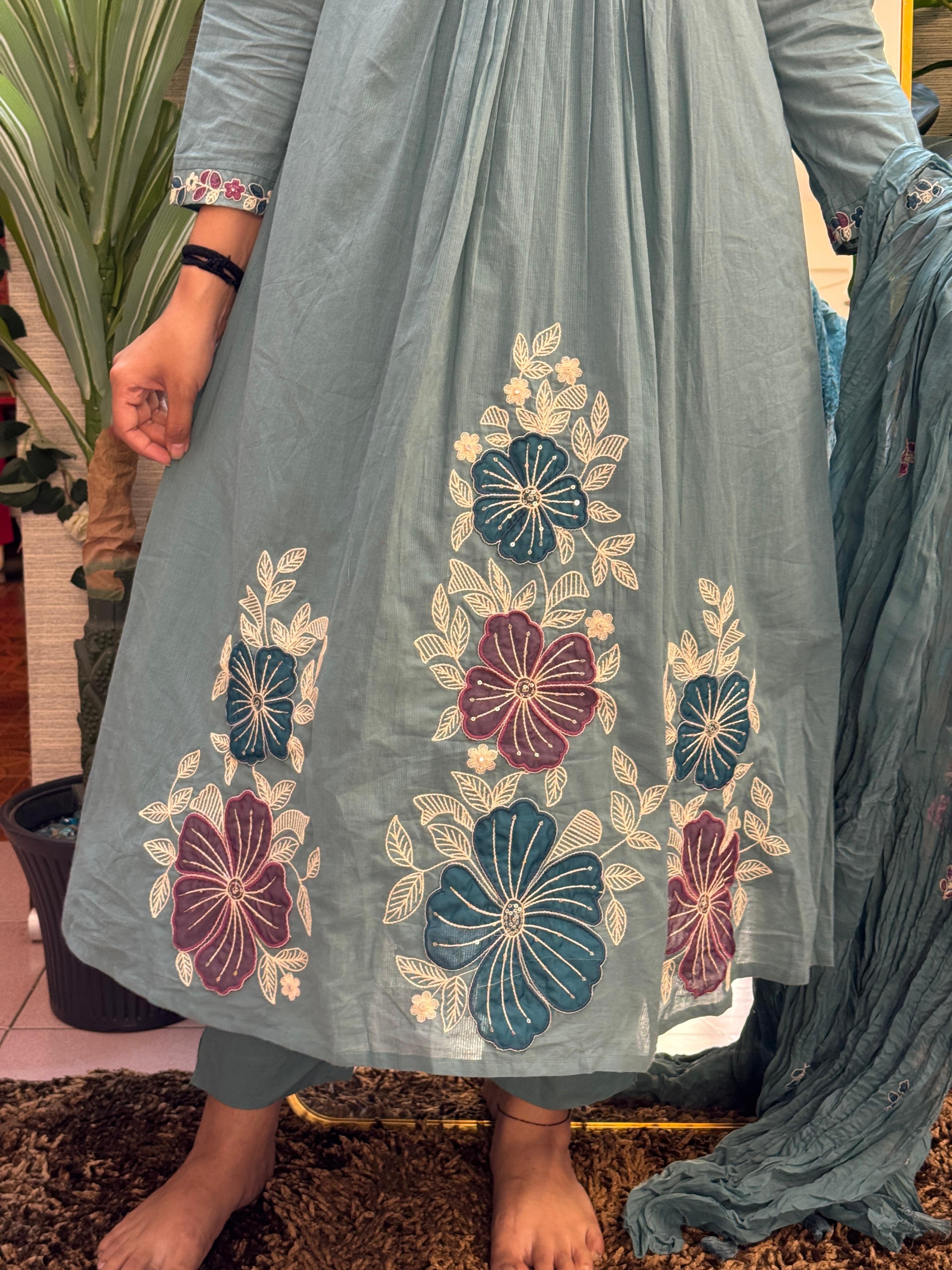 Dusty Teal Floral Embroidered Anarkali Set with Dupatta