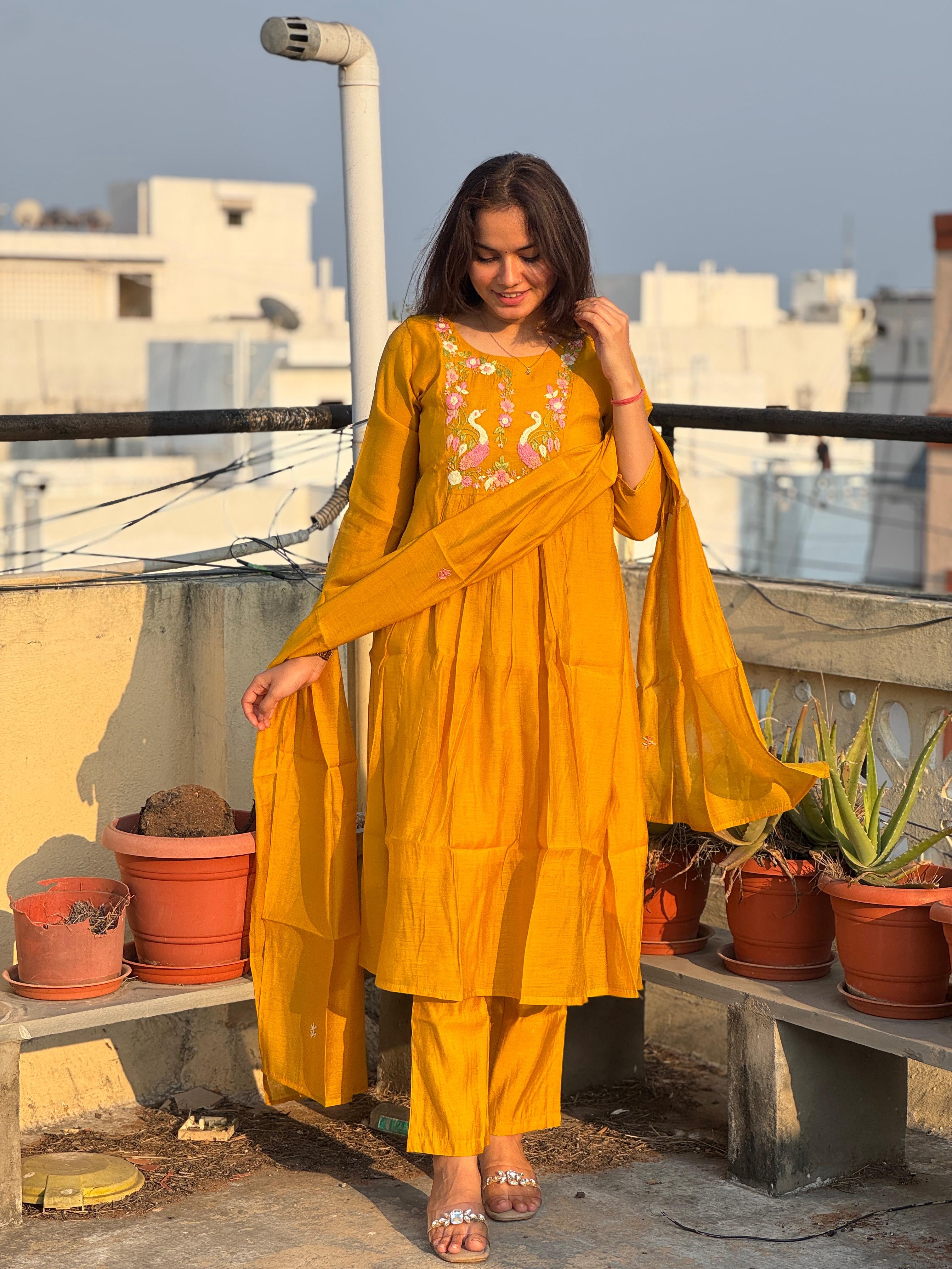 Mustard Bloom Embroidered Anarkali Set with Dupatta