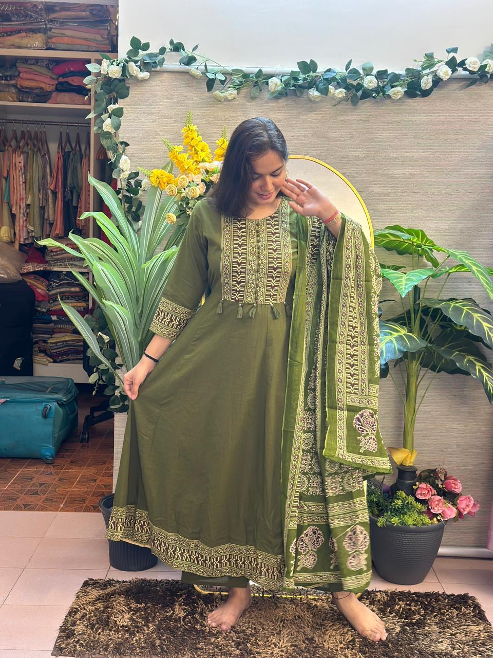 Olive Heritage Printed Anarkali Suit Set with Dupatta