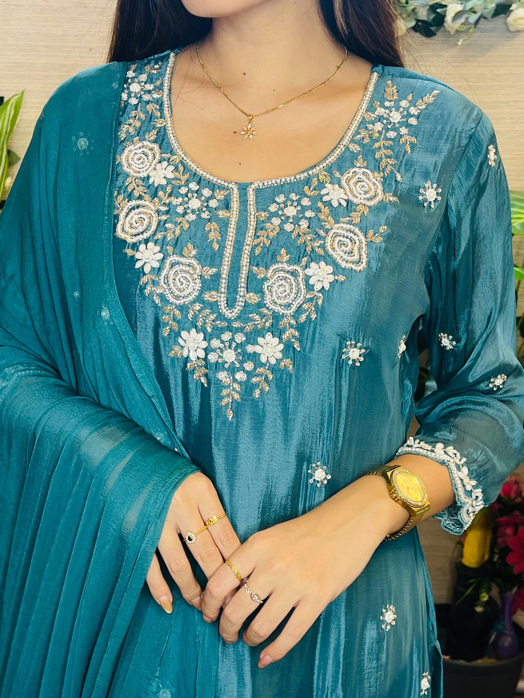 Amara Malligai Teal Embroidered Suit