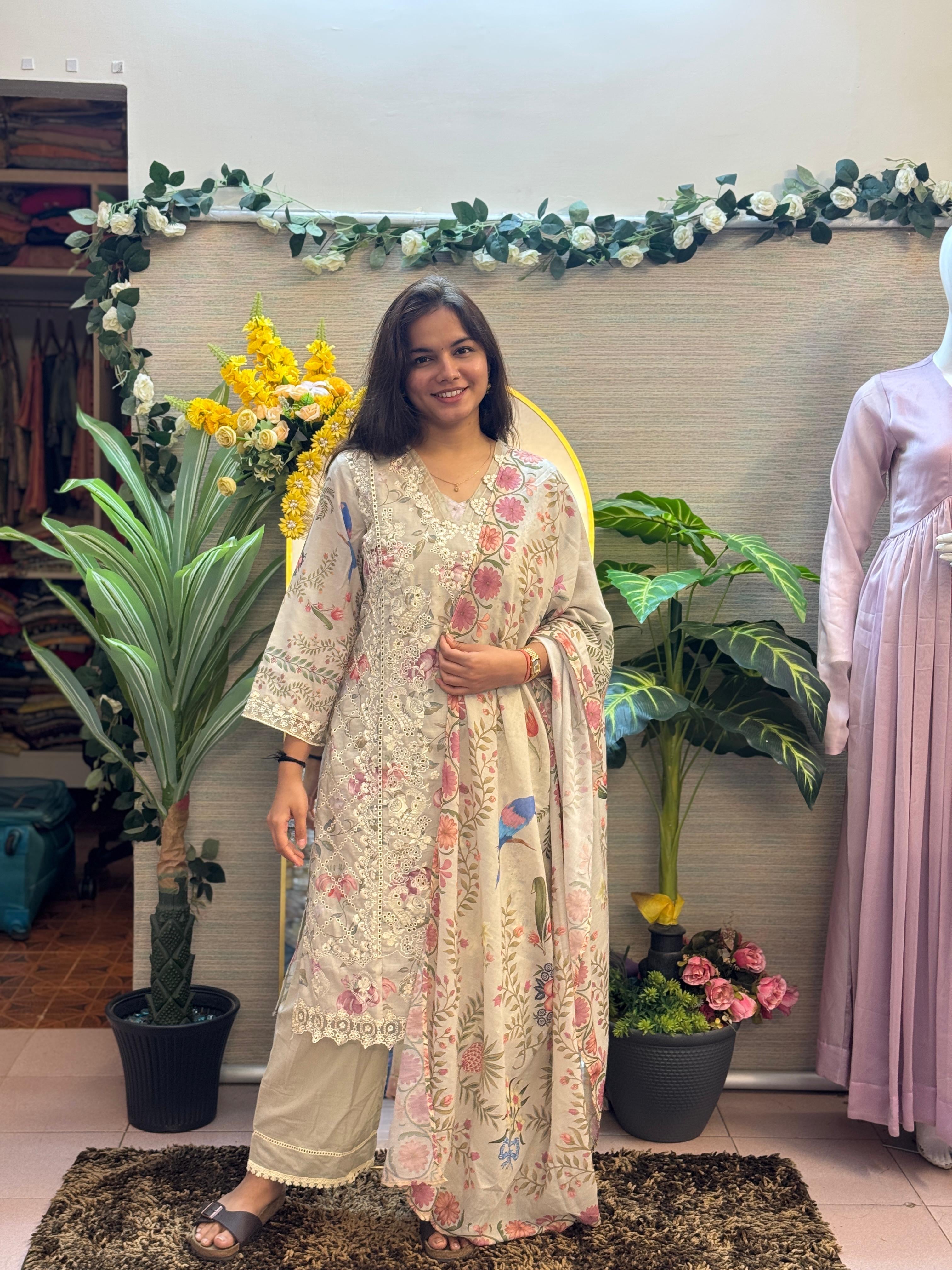 Ivory Bloom Floral Printed Suit Set with Dupatta