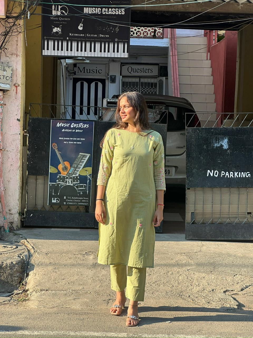 Olive Green Embroidered Straight Kurti Set