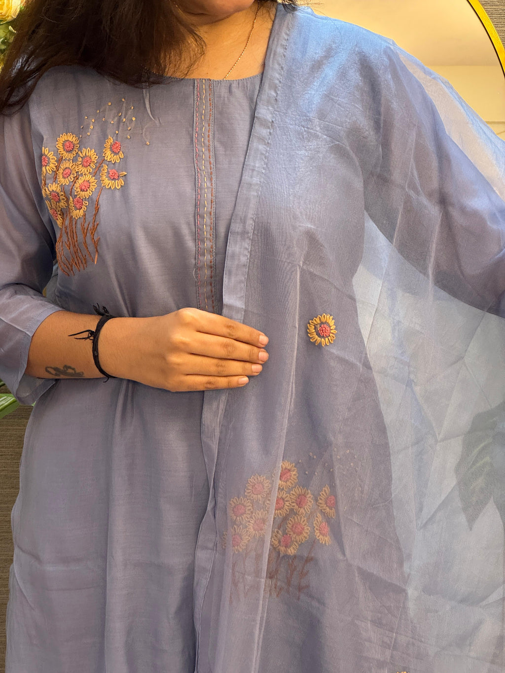 Lavender Embroidered Kurti Set with Organza Dupatta