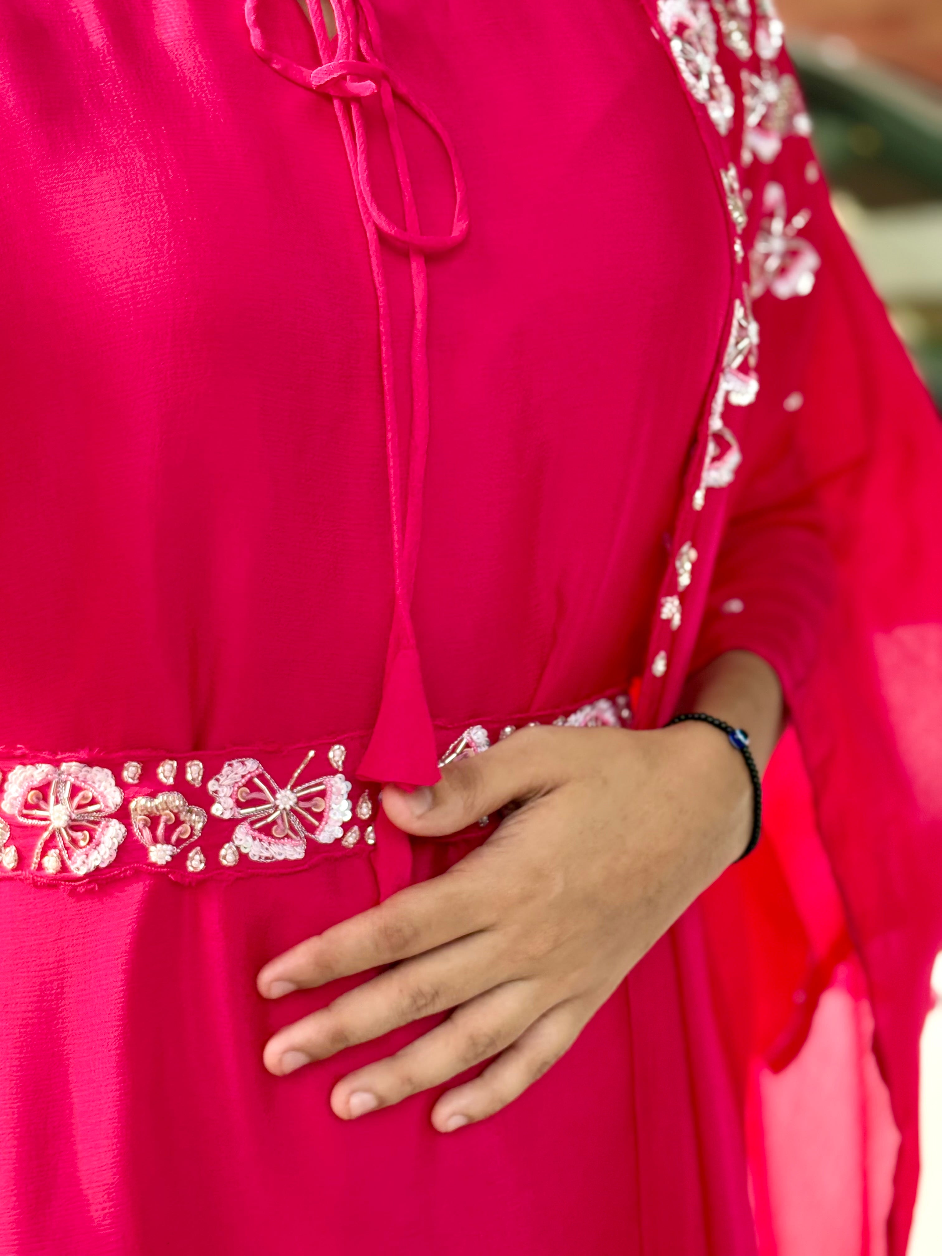 Dark Pink Handcrafted Belted Silk Ensemble