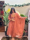 Rust Brown Embroidered Anarkali Kurti Set with Dupatta