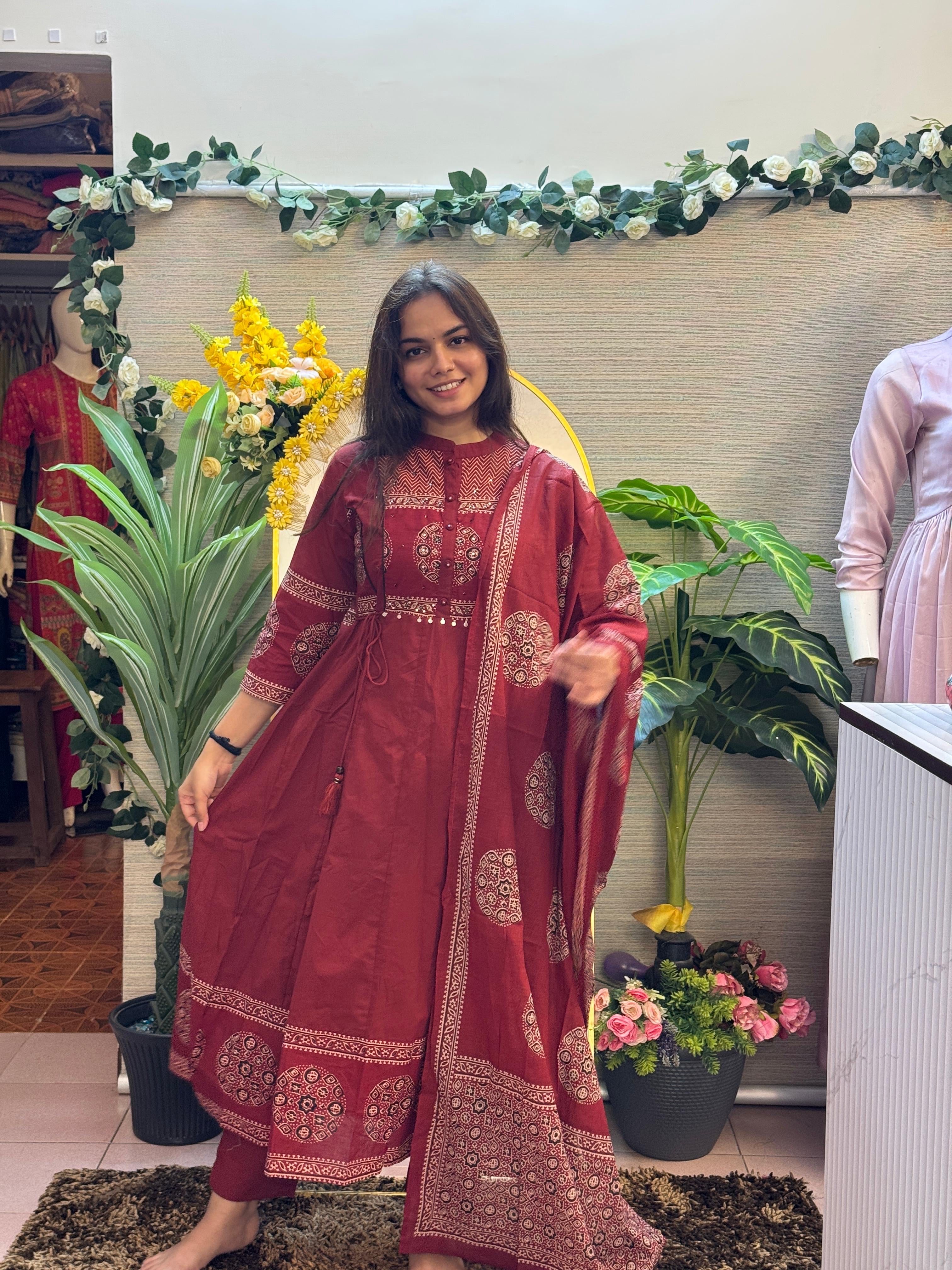 Maroon Printed Anarkali Kurti Set with Traditional Motif Dupatta