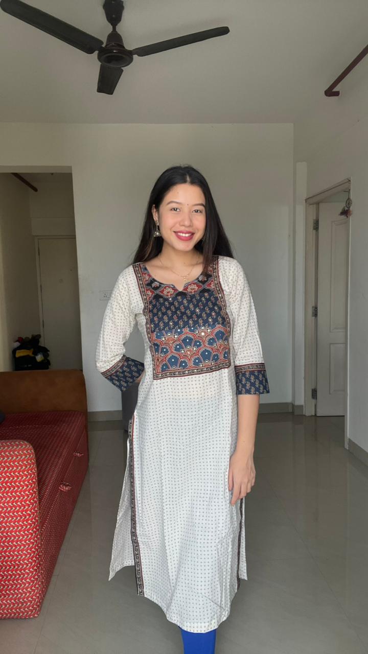 Ethnic printed straight kurti with contrast yoke