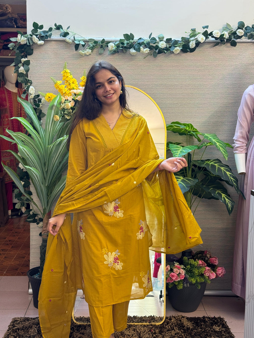 Mustard Yellow Floral Embroidered Kurti Set with Dupatta