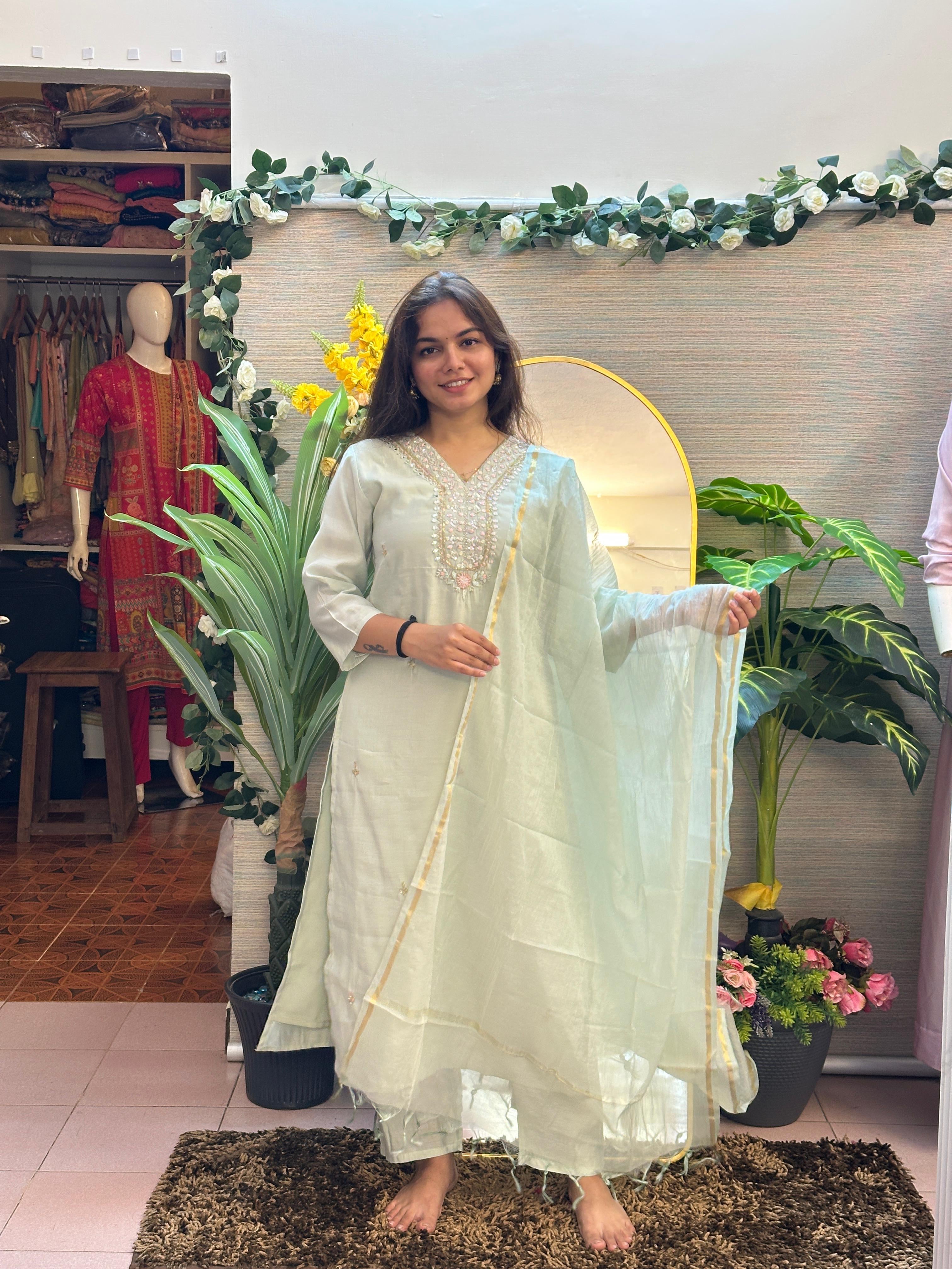 Mint Green Embroidered Straight Kurti Set with Dupatta