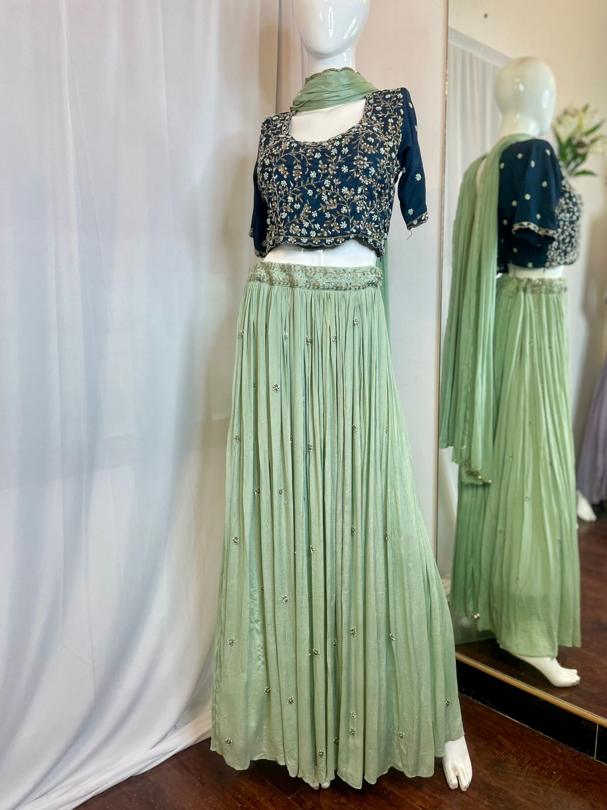 Blue and Pista green Designer hand work lehenga