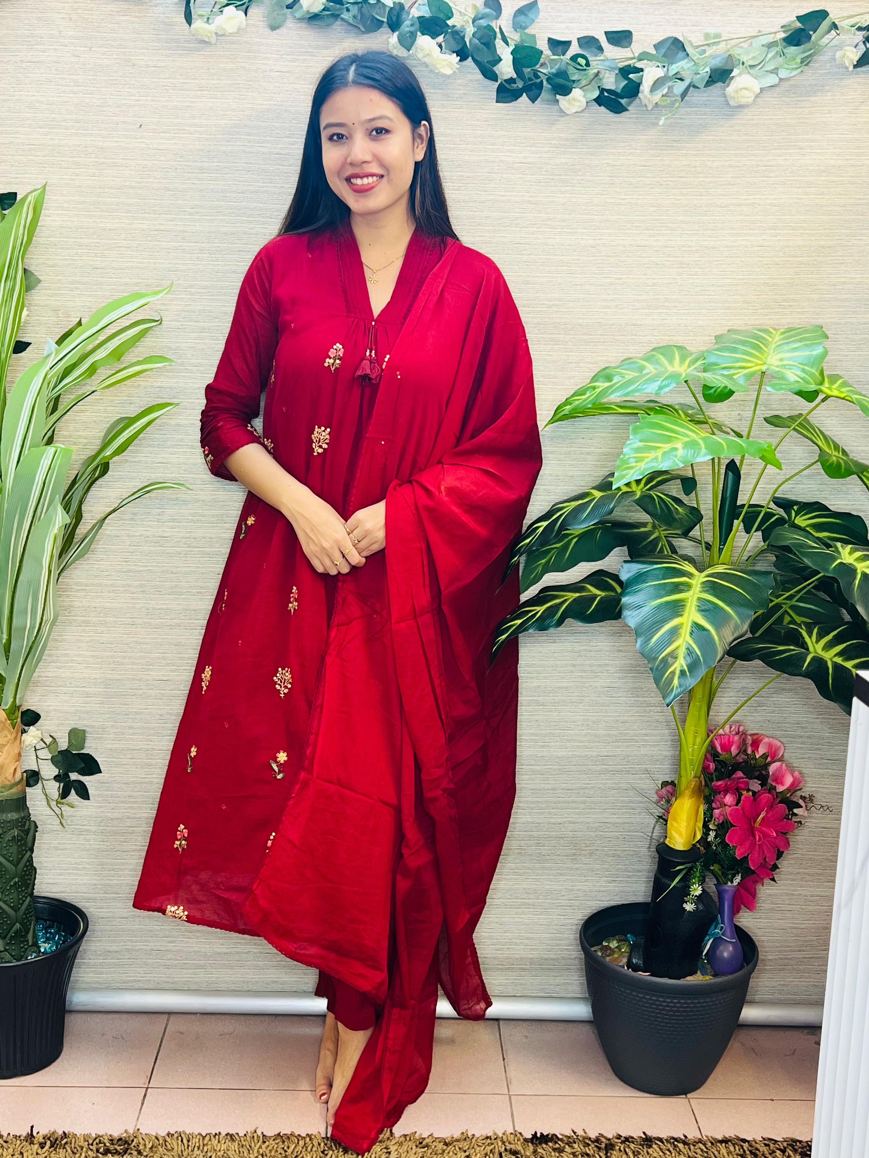 Anaya Sivappu Mul Chanderi Silk Suit Set