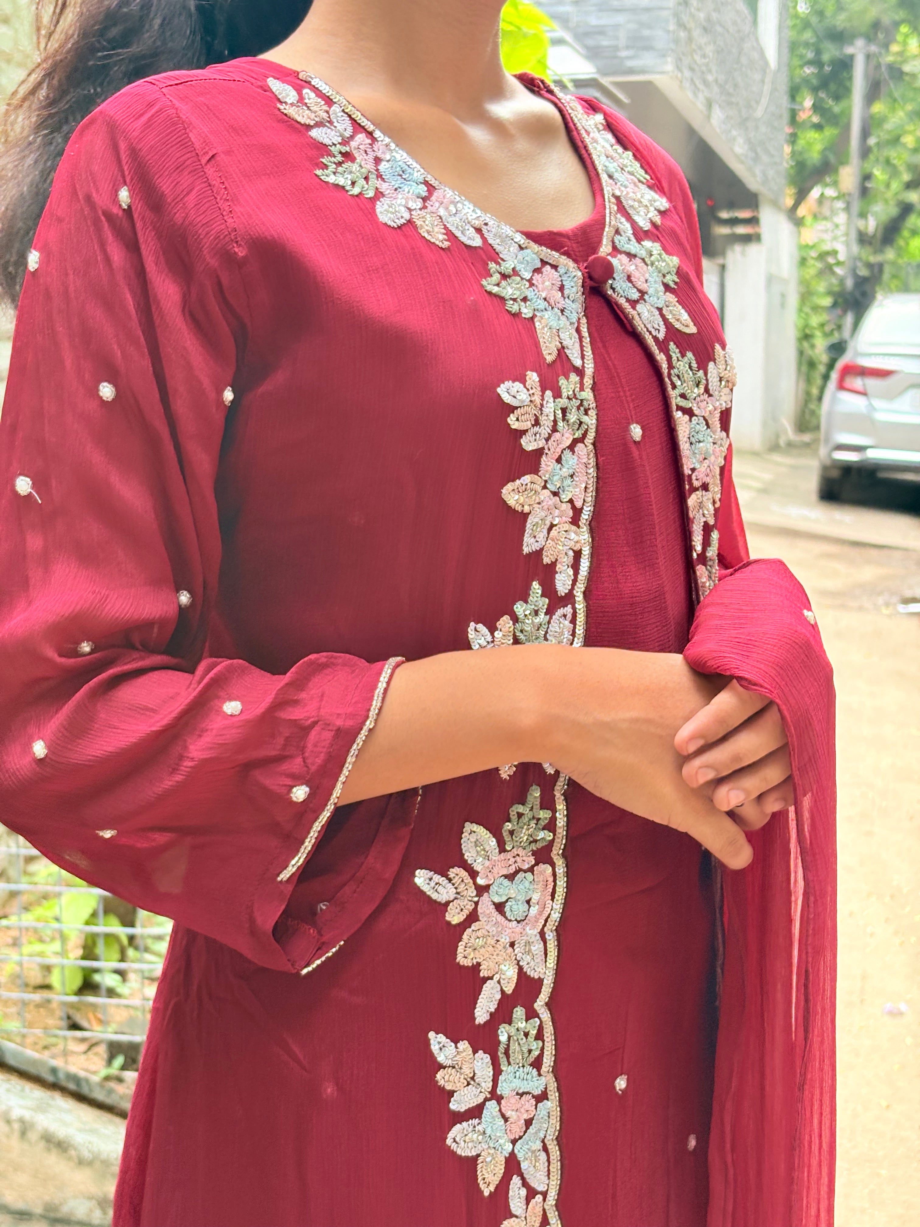 Ruby Red Sequence Splendor Coat Suit