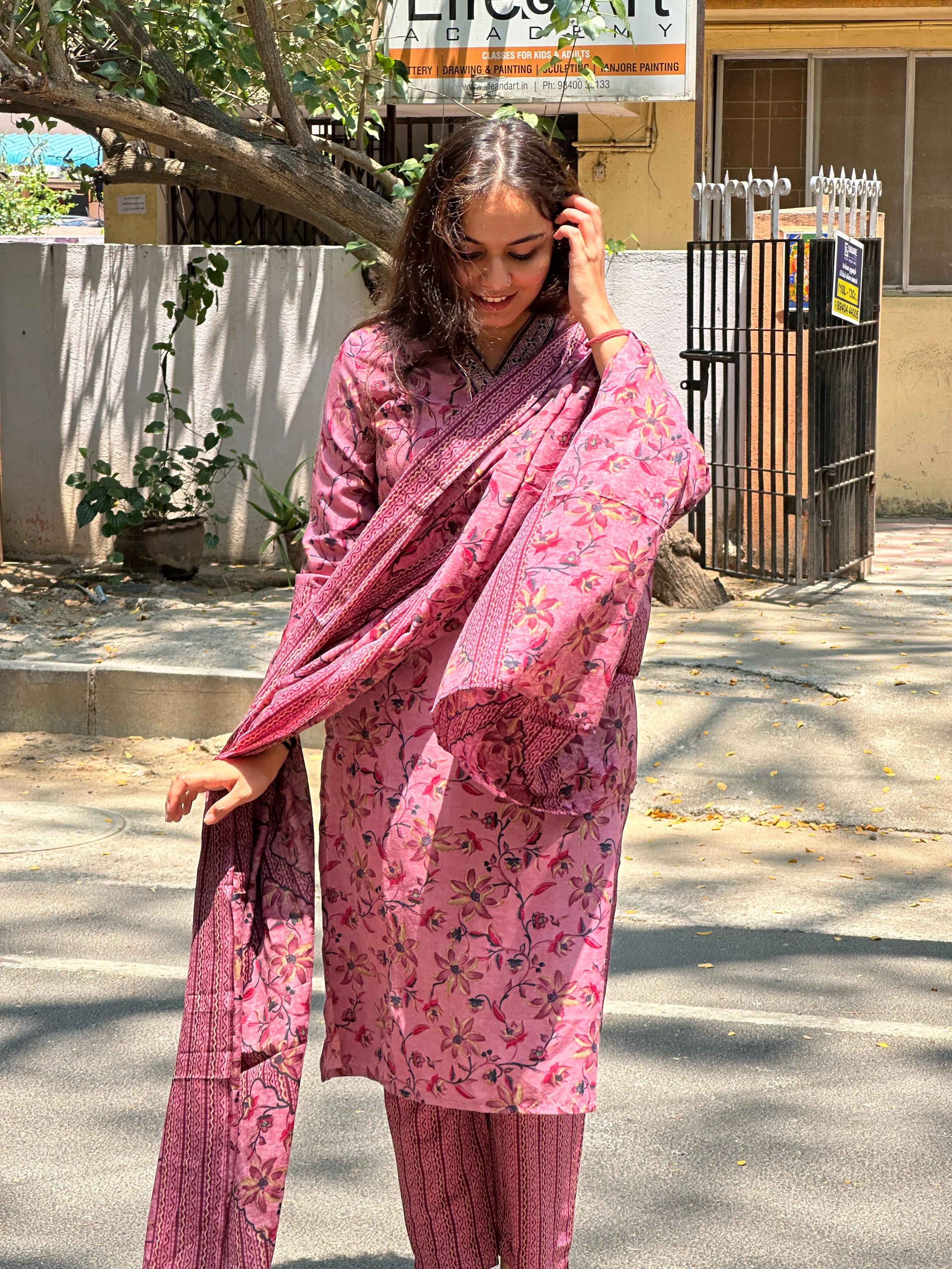 Rose Pink Floral Printed Straight Kurti Set with Dupatta