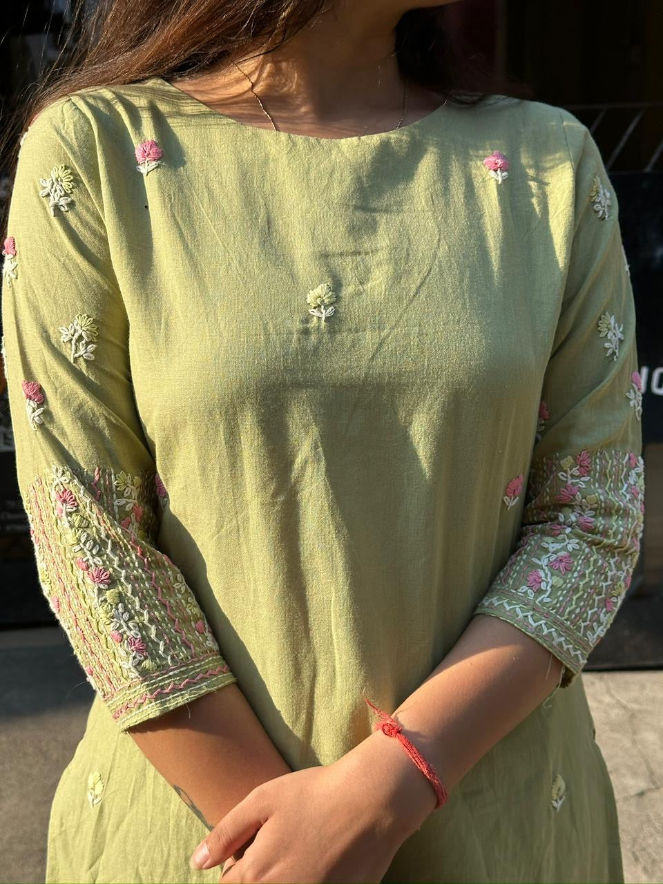 Olive Green Embroidered Straight Kurti Set