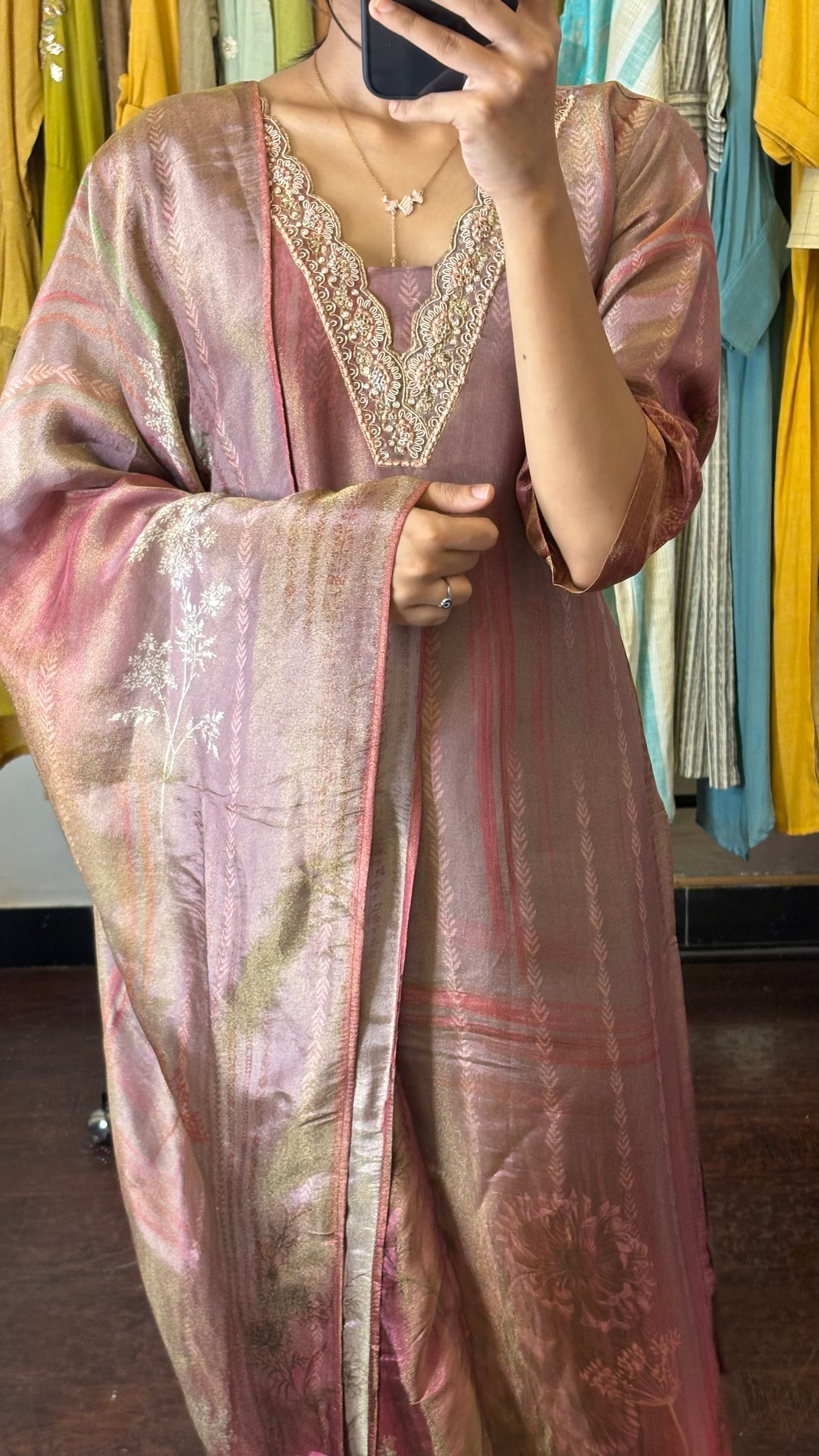 Golden Glow Maroon Tissue Silk Suit
