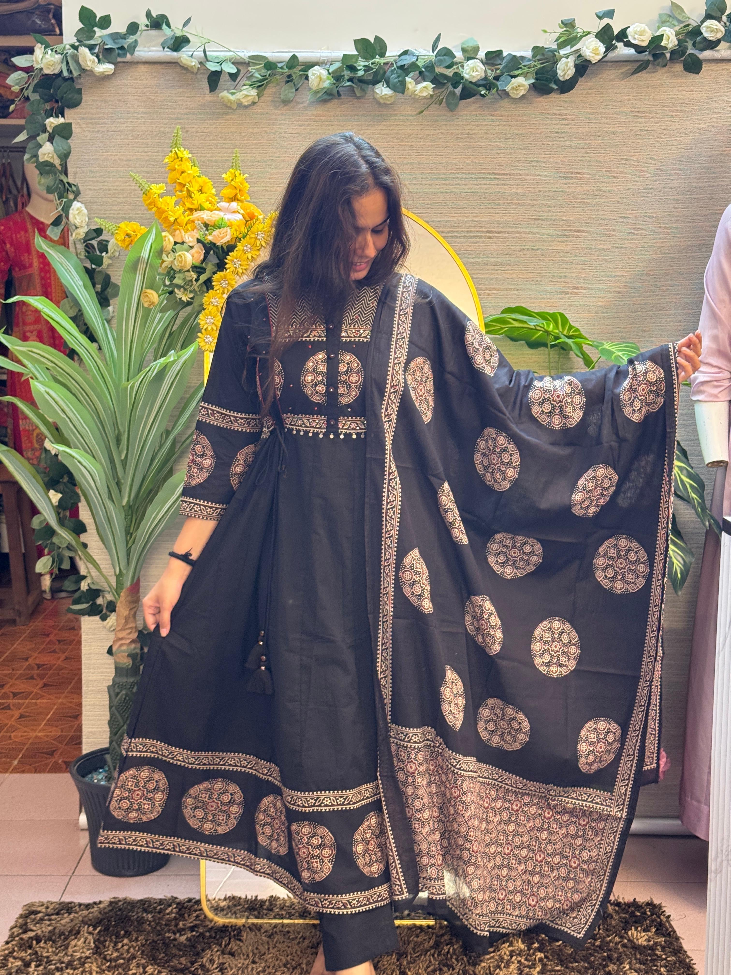 Black Anarkali Kurti Set with Ethnic Circular Prints & Statement Dupatt