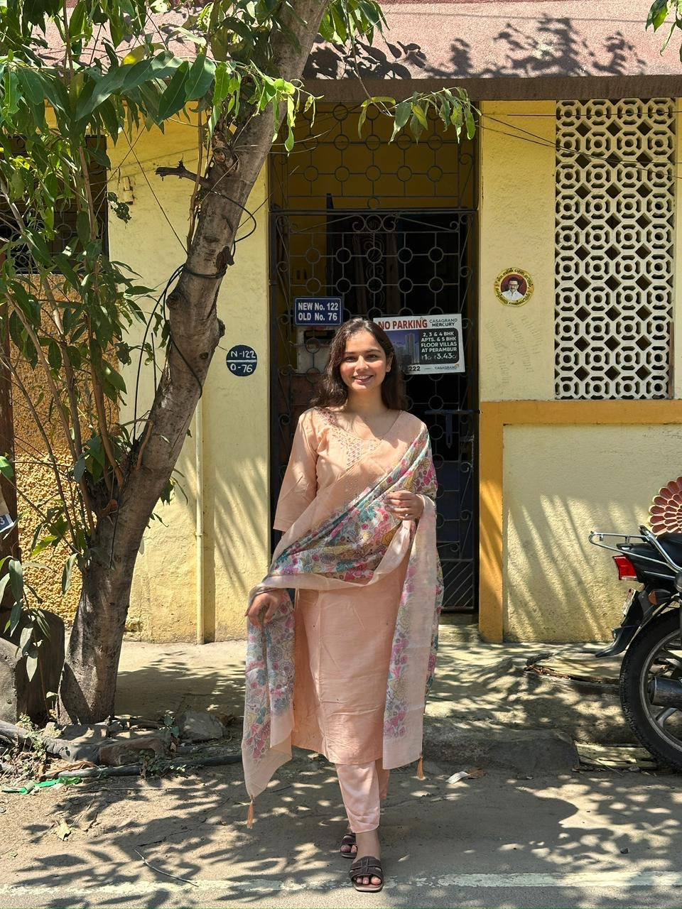 Blush Peach Embellished Kurti Set with Printed Dupatta
